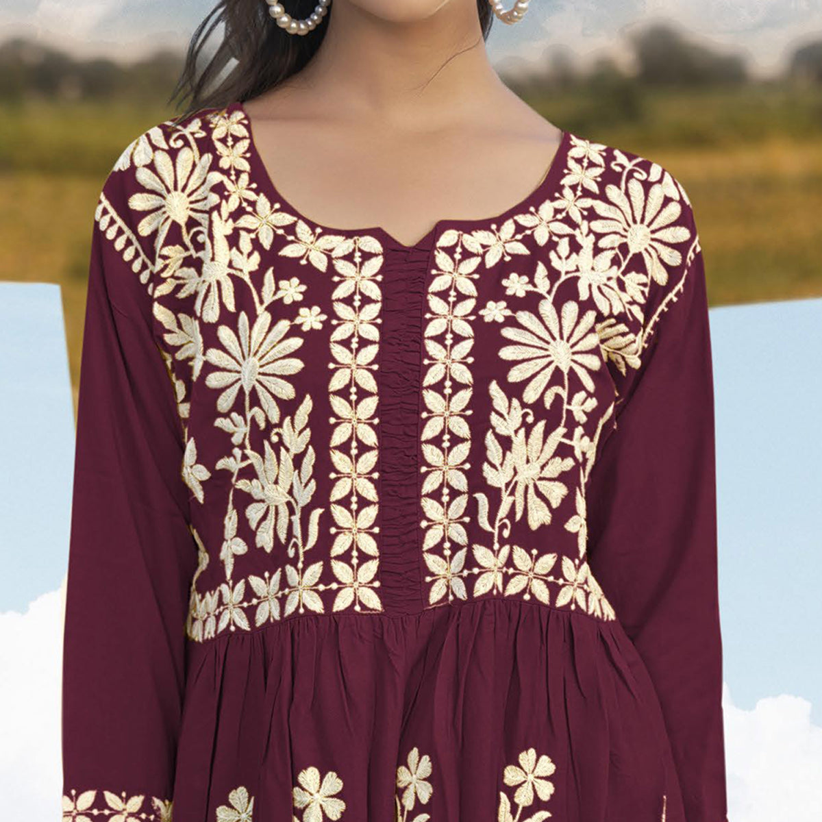 Wine Lucknowi Embroidered Rayon Tunic