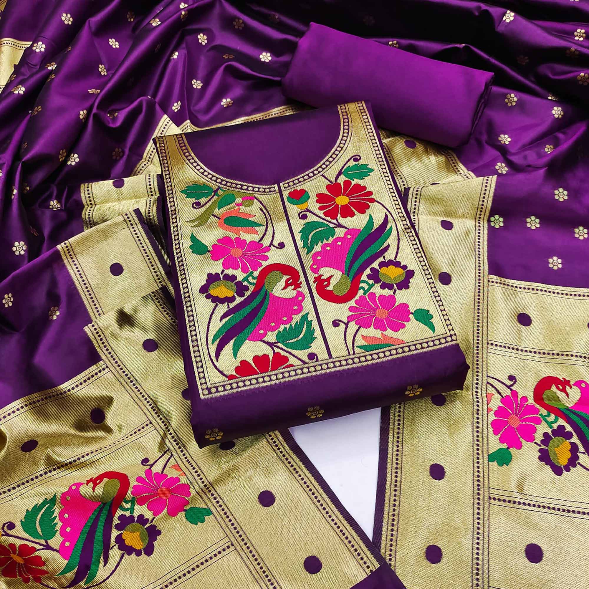 Purple Woven Banarasi Silk Paithani Dress Material