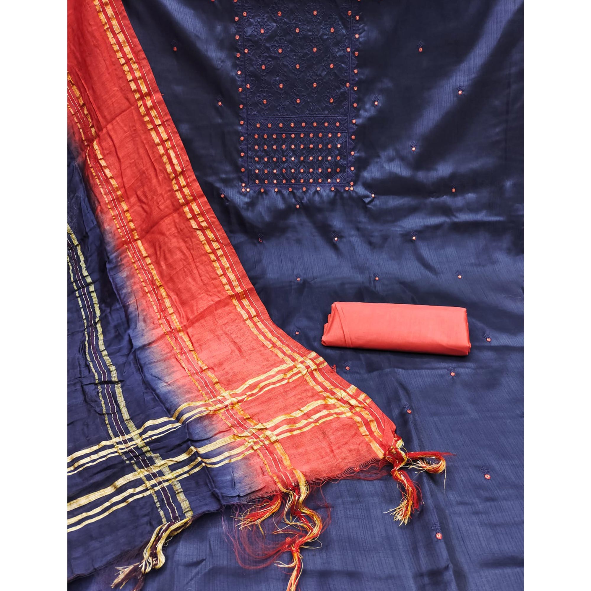 Navy Blue Sequins Embroidered Raw Silk Dress Material