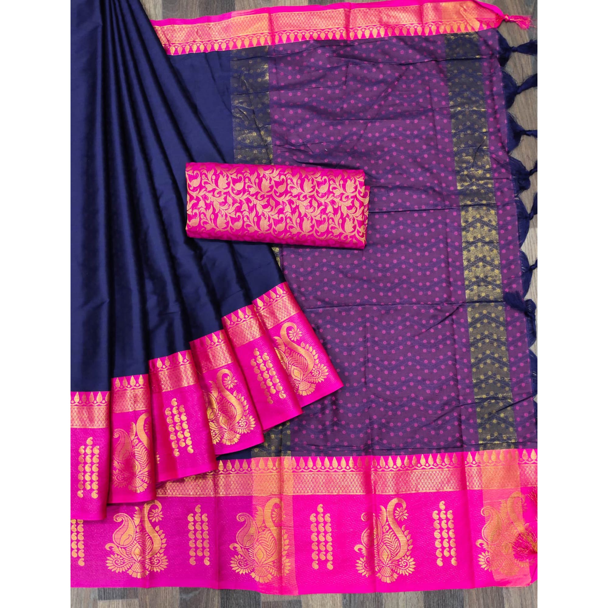 Navy Blue Woven Cotton Silk Saree With Tassels