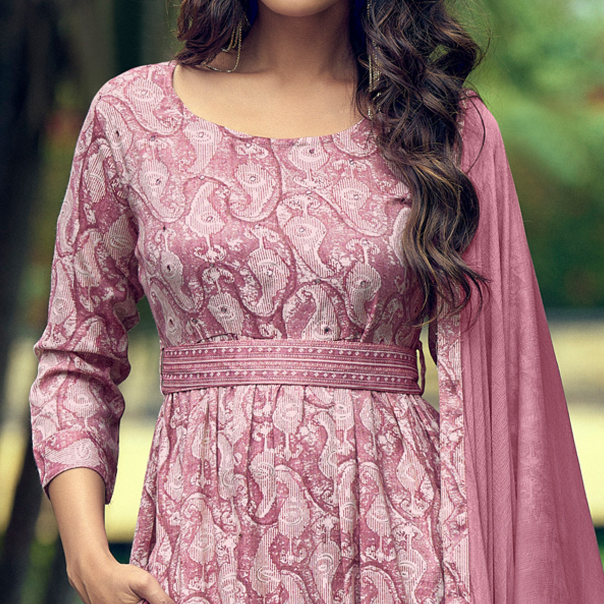 Dusty Pink Printed With Mirror Work Rayon Naira Cut Suit