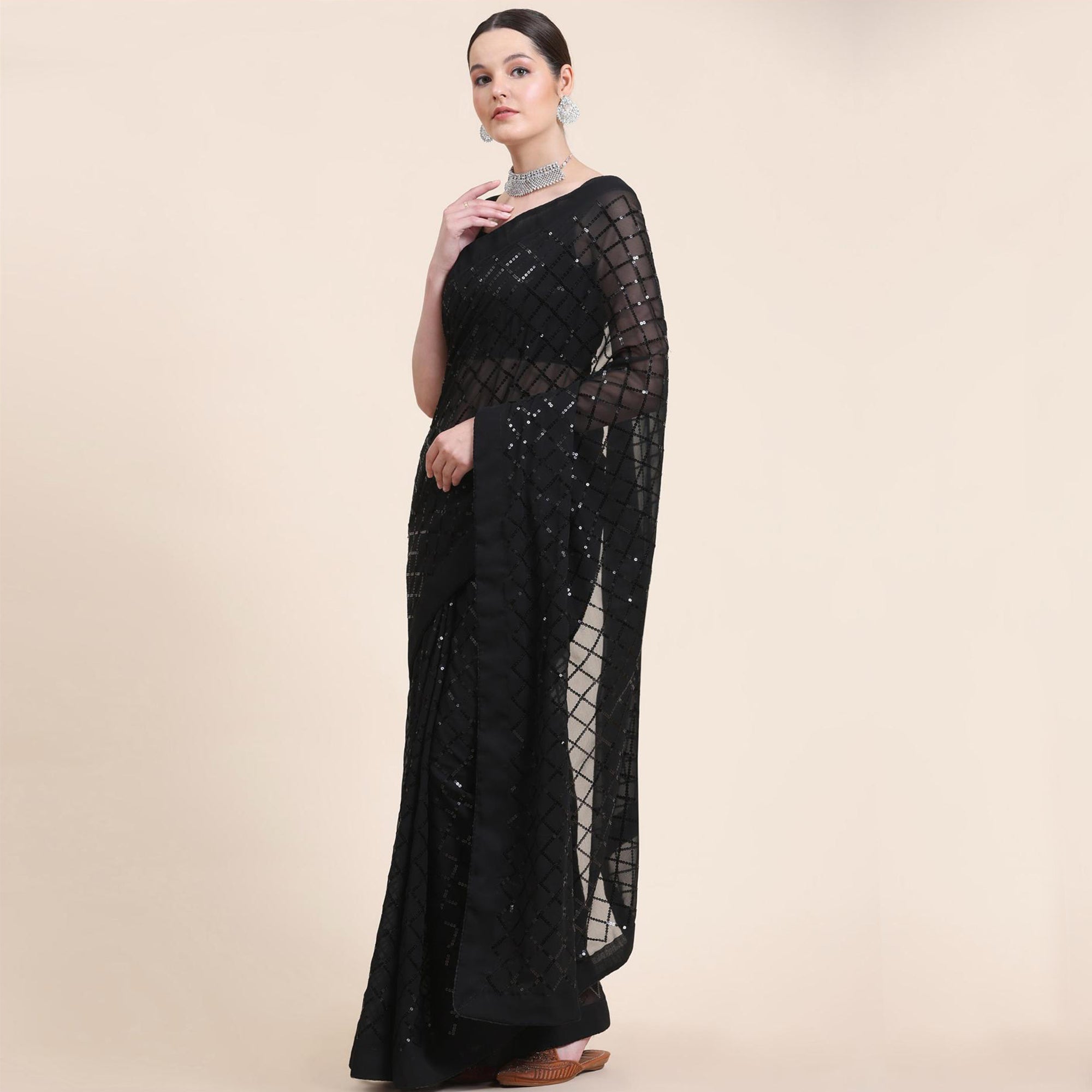 Black Sequins Embroidered Georgette Saree