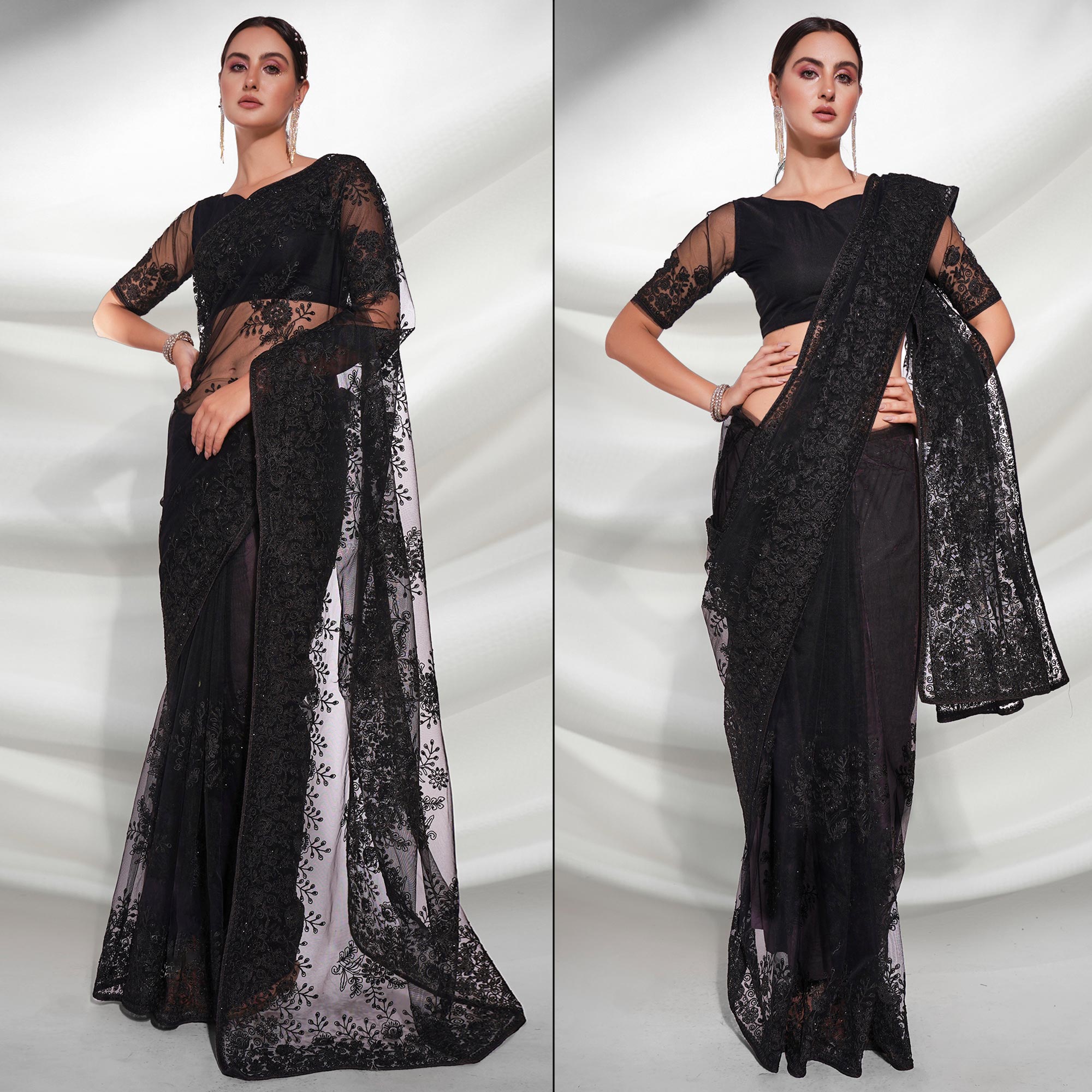 Black Floral Embroidered Net Saree