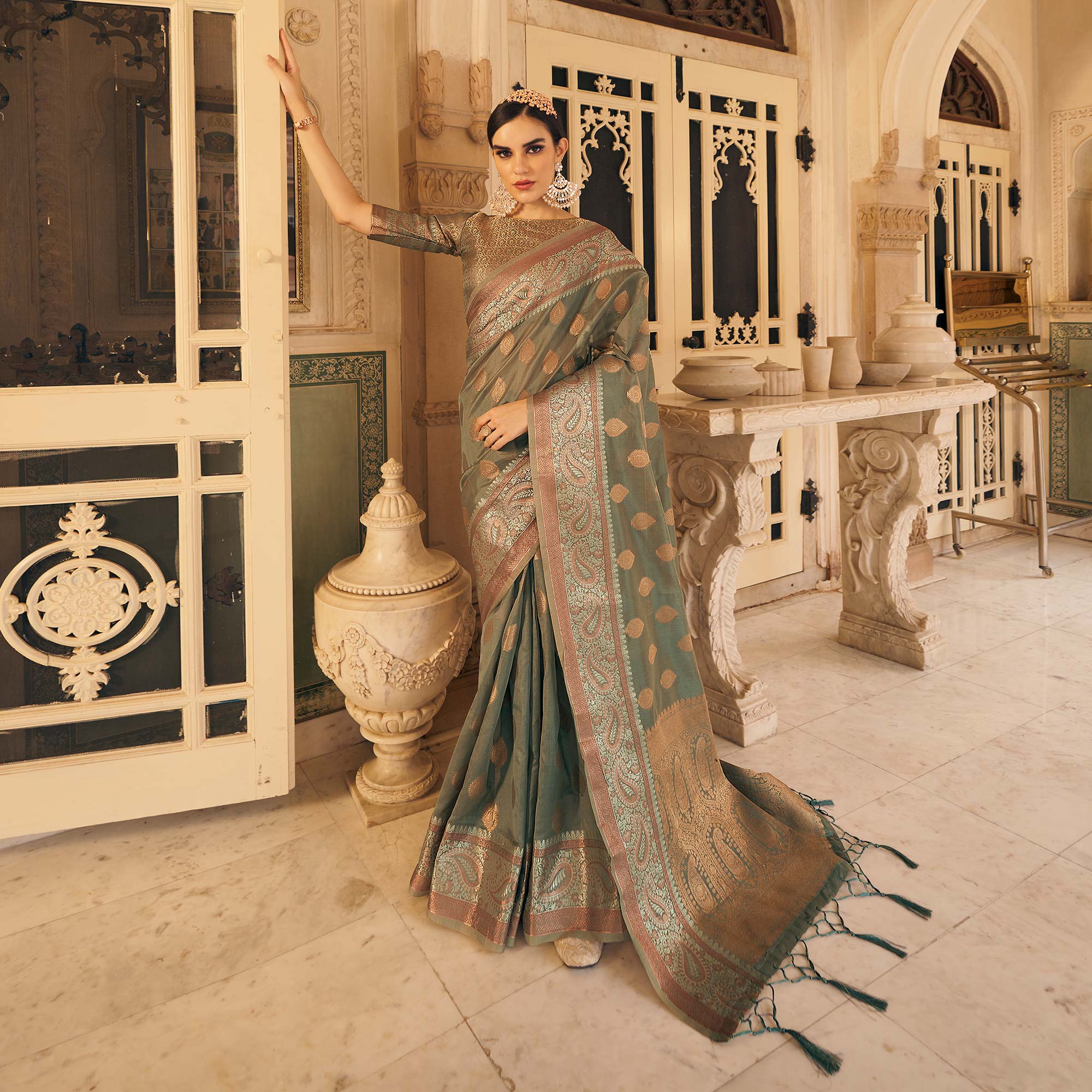 Grey Woven Organza Saree