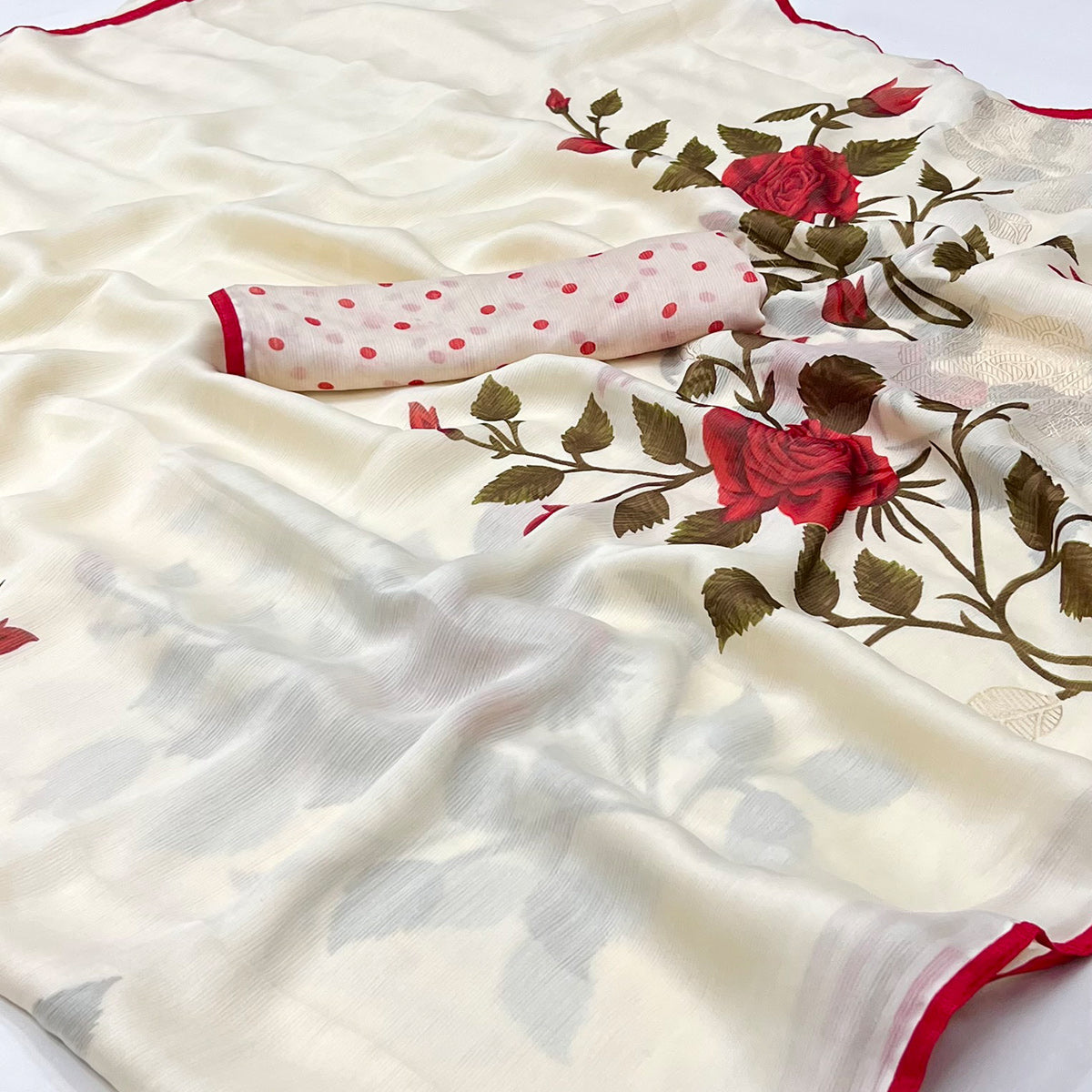 White Floral Digital Printed Georgette Saree