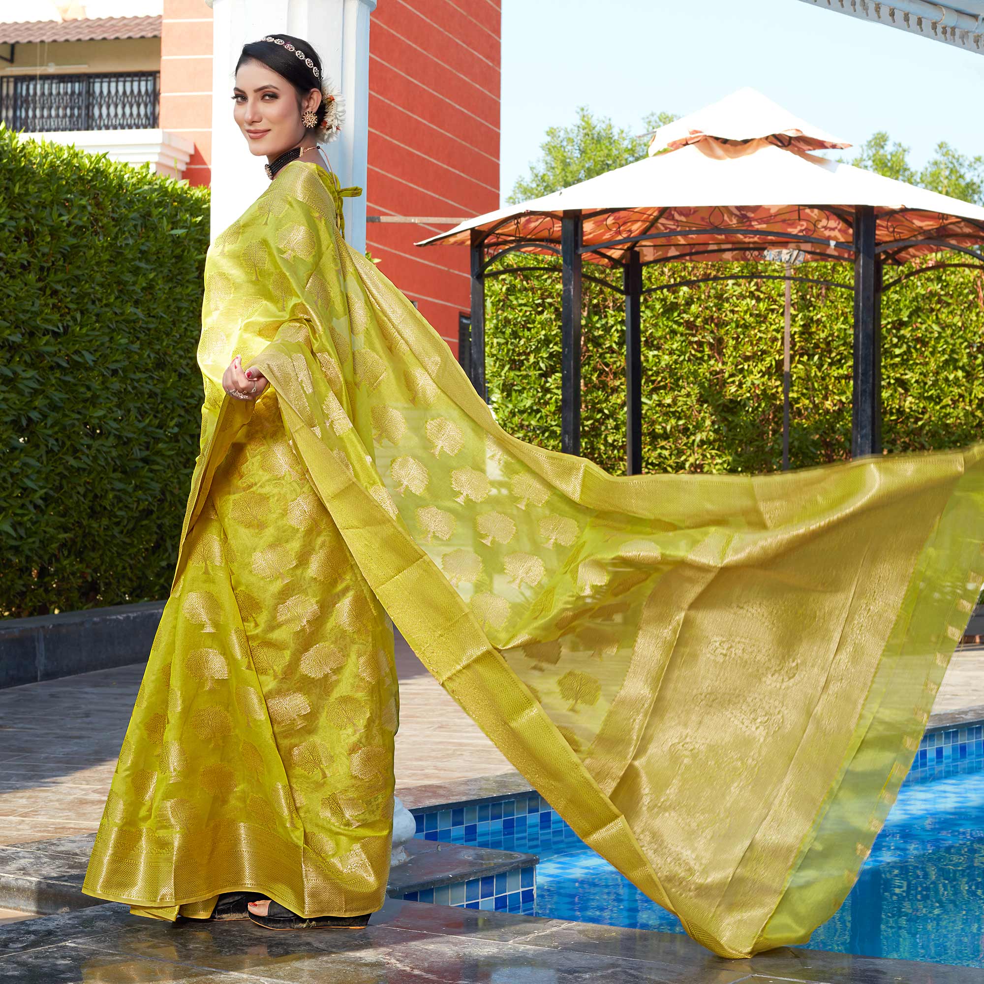 Lemon Green Woven Organza Saree