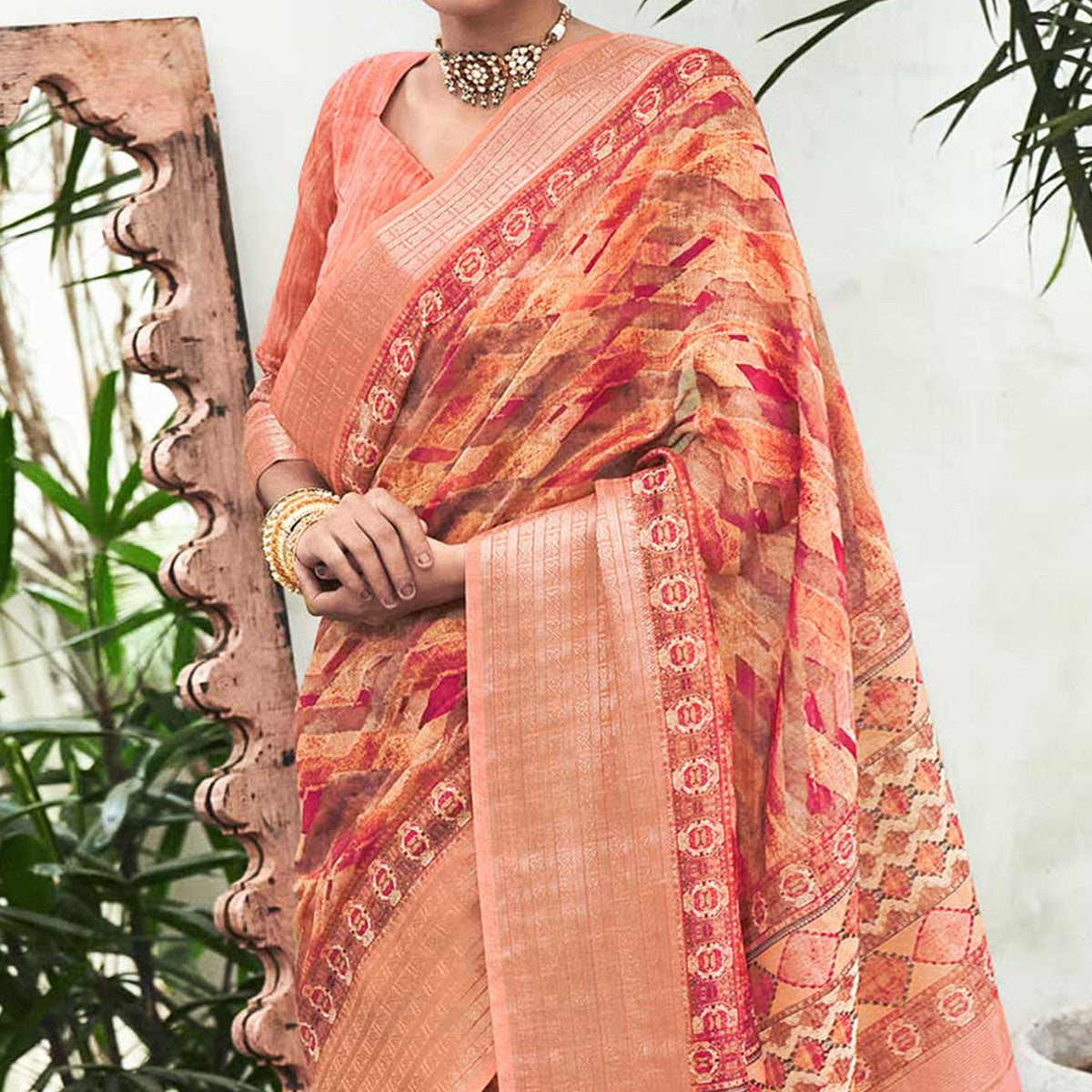 Peach Digital Printed Linen Saree