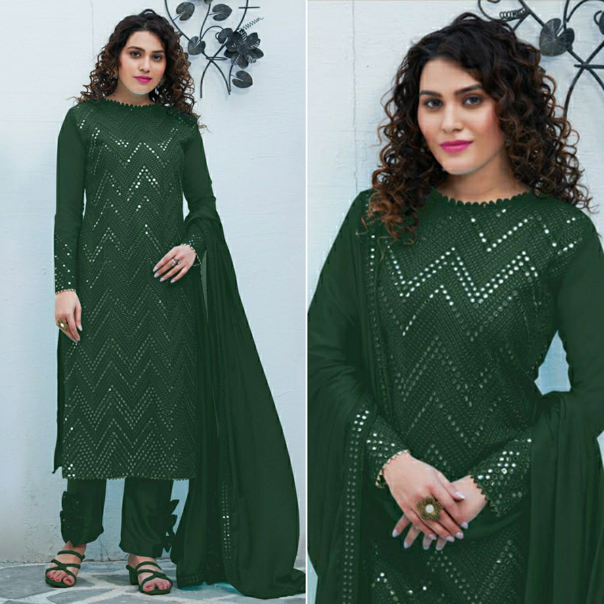 Green Mirror Embroidered Georgette Suit
