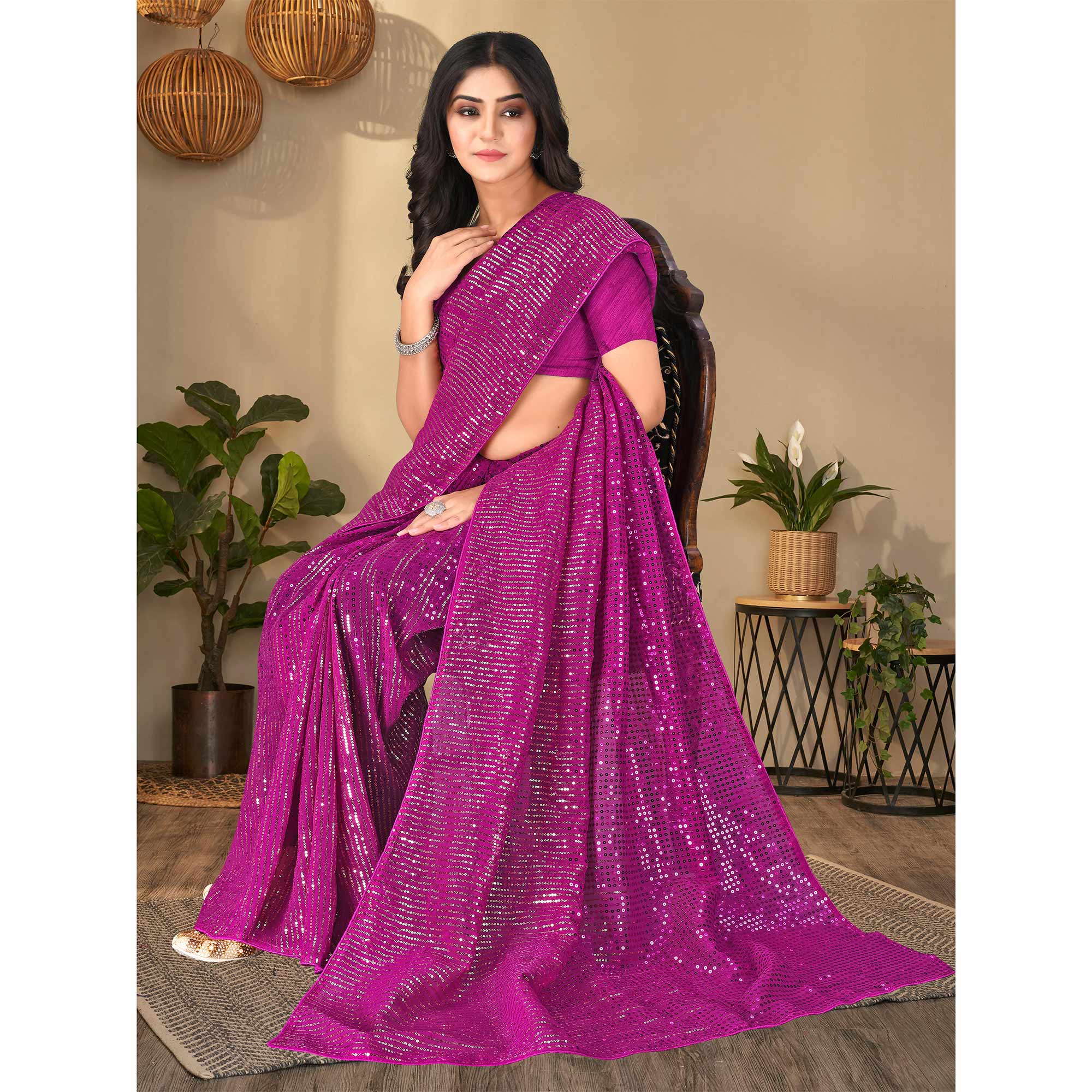 Magenta Pink Sequins Embroidered Georgette Saree