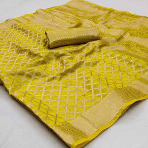 Lemon Yellow Woven Organza Saree