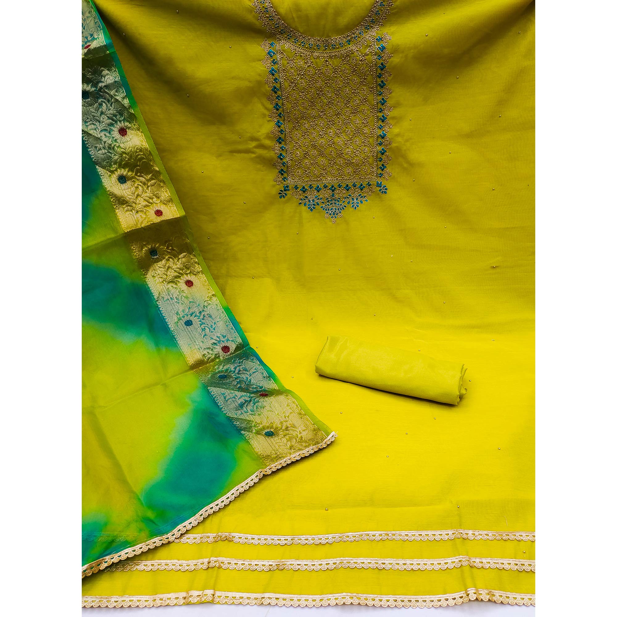 Lemon Green Embroidered Modal Dress Material