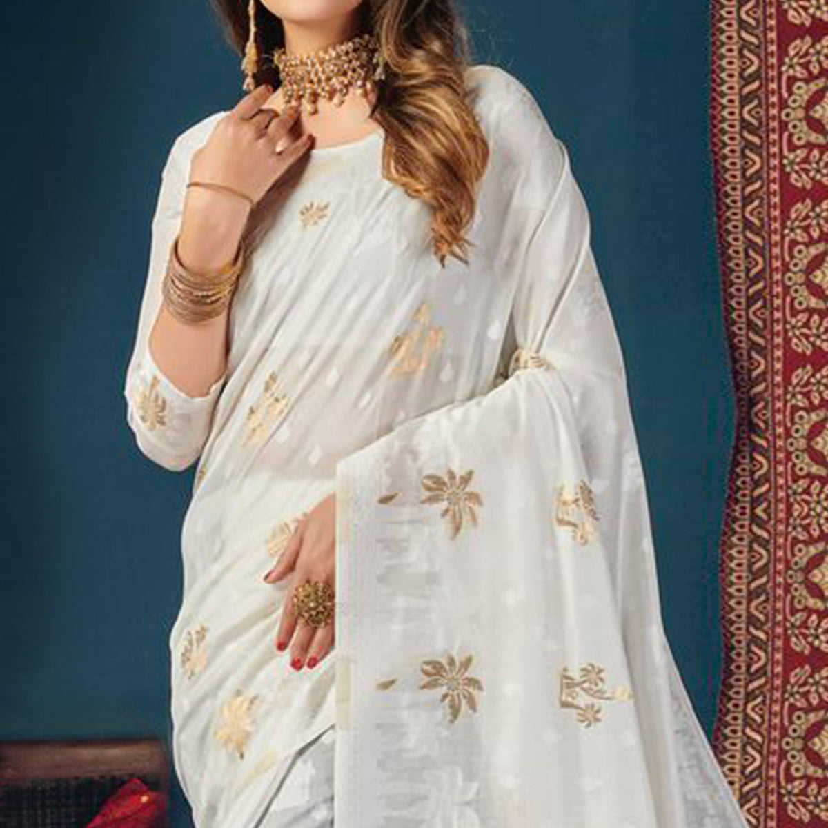 White Woven Cotton Blend Saree With Tassels