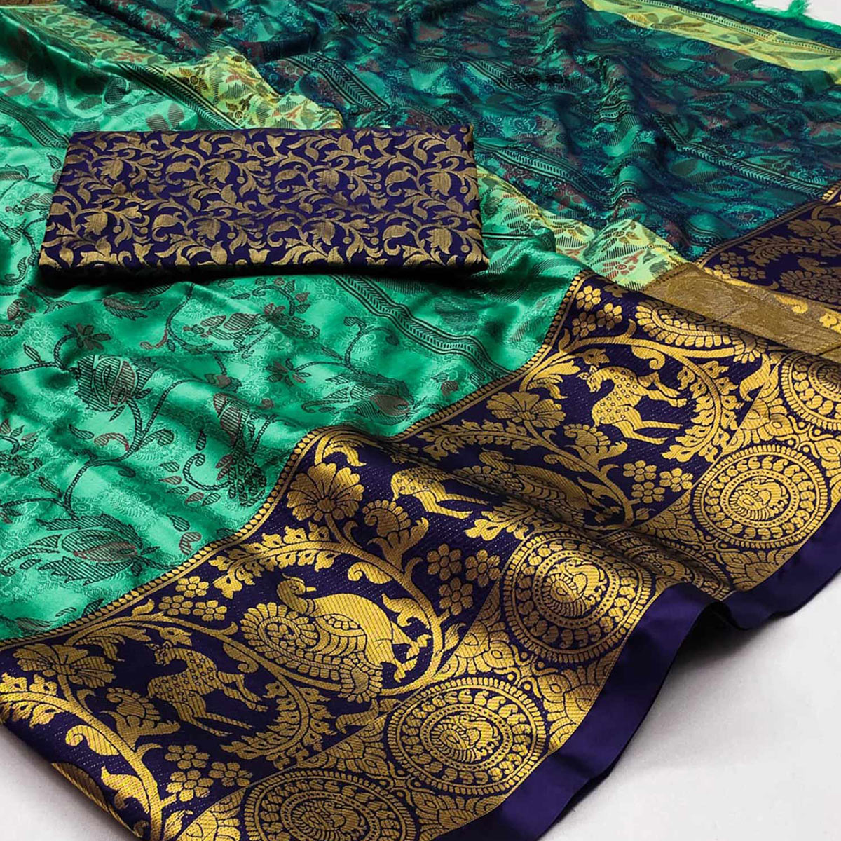 Rama Green Printed With Woven Border Cotton Silk Saree