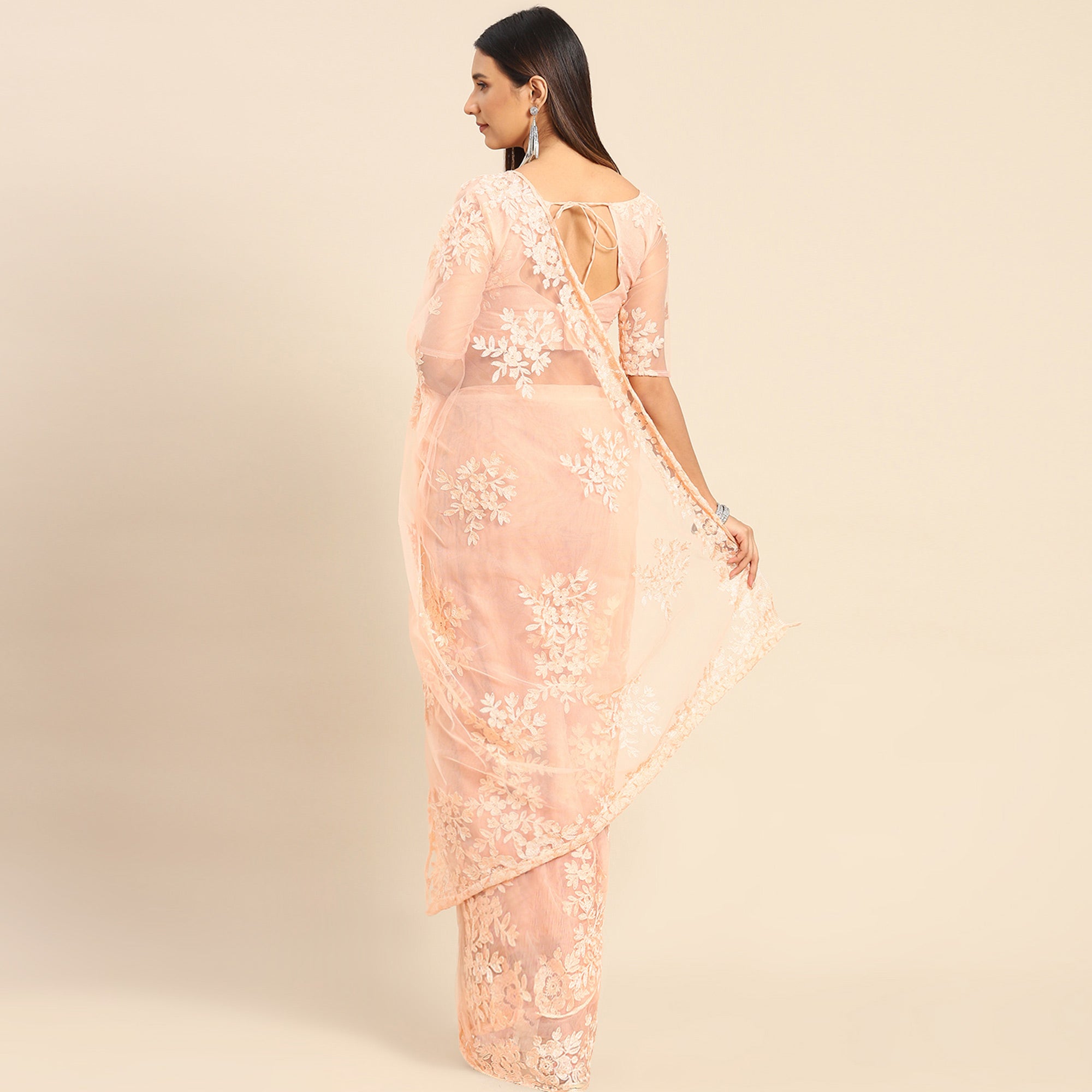 Peach Floral Embroidered Net Saree