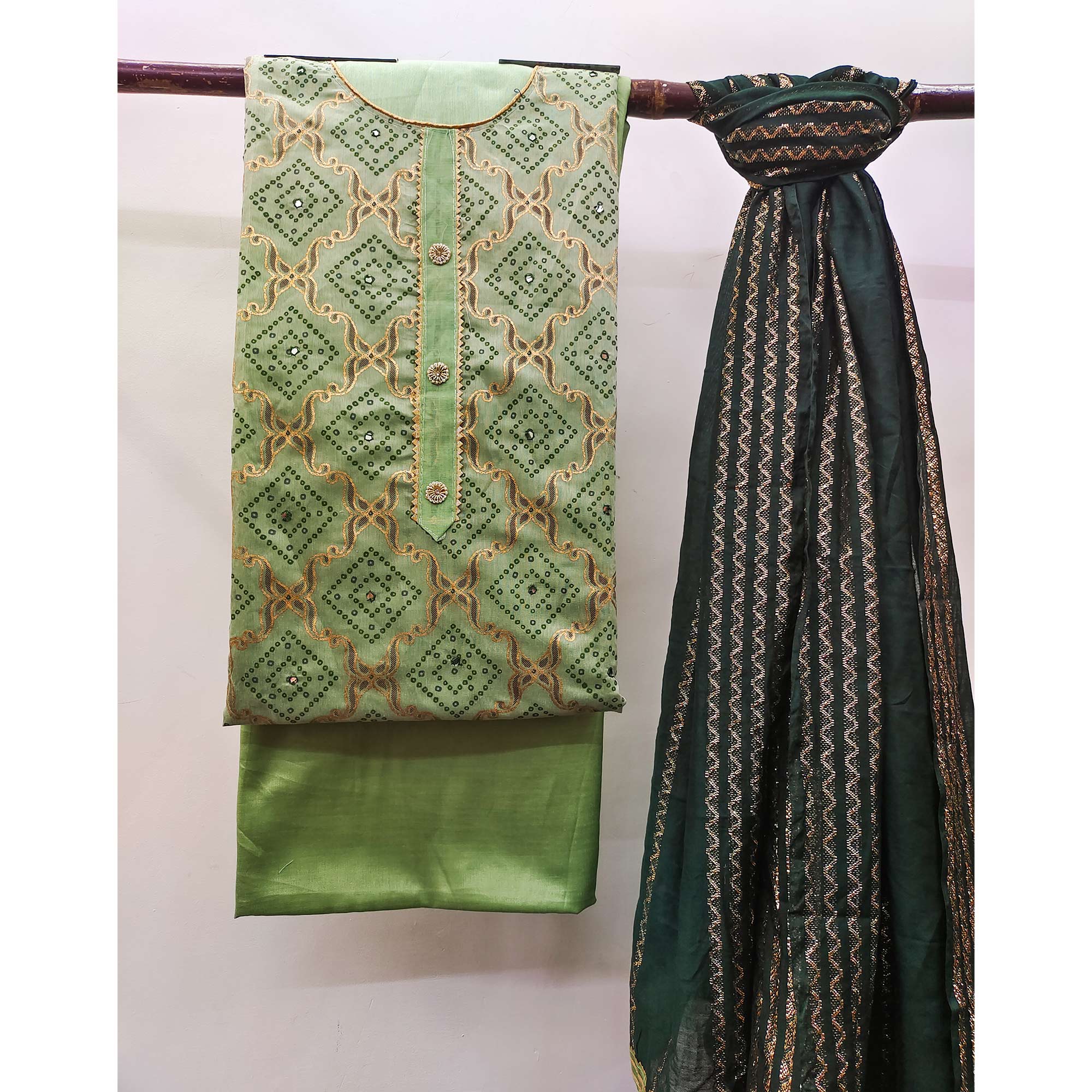 Green Embroidered Chanderi Dress Material