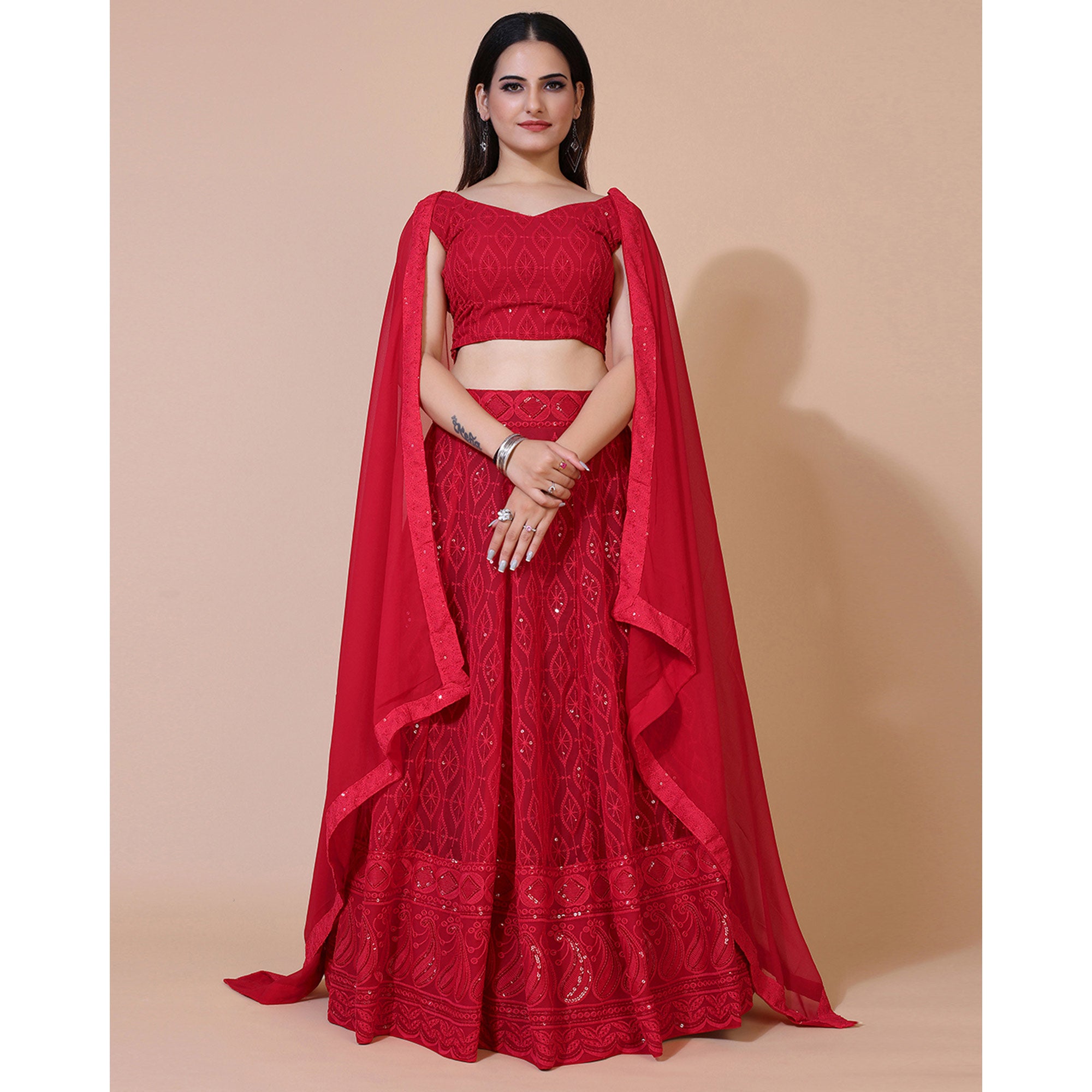 Dark Red Lucknowi Chikankari Work Georgette Lehenga Choli