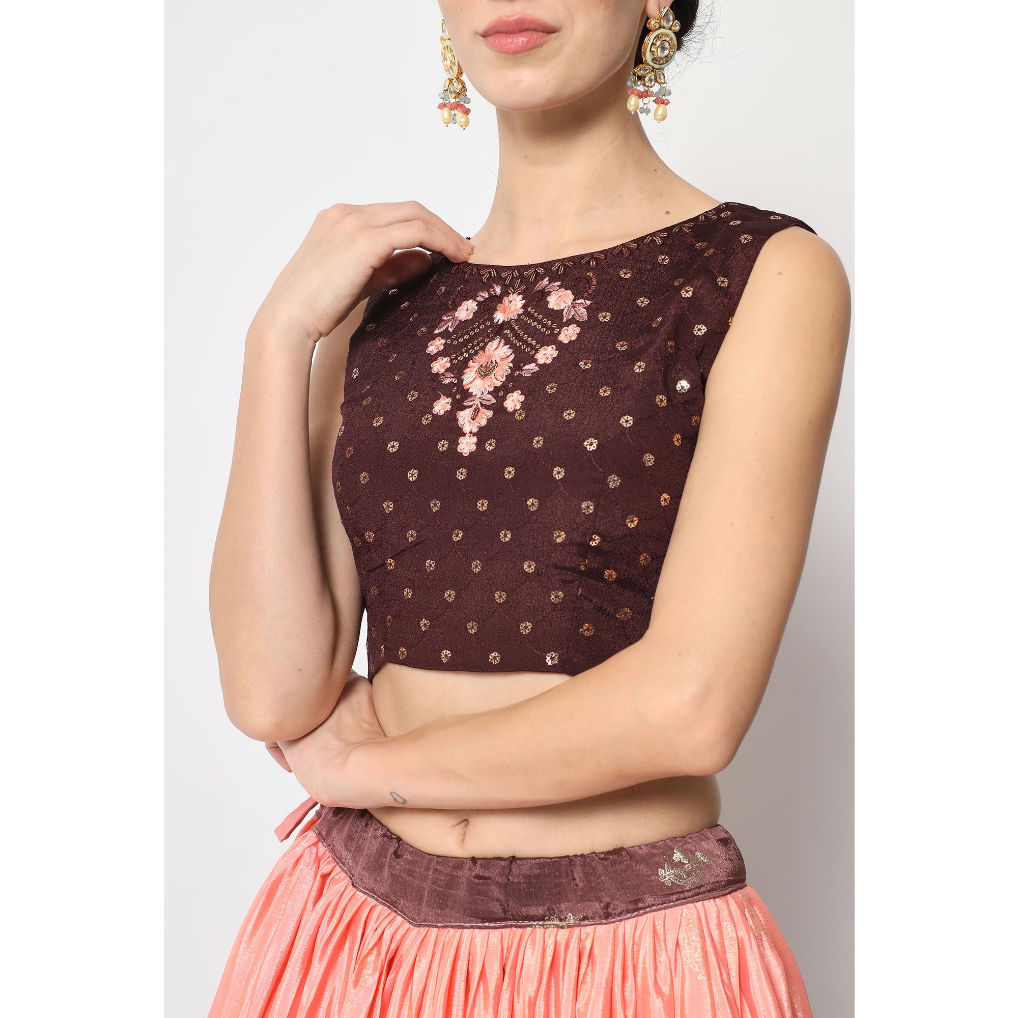 Coffee & Peach Foil Printed Chiffon Lehenga Choli