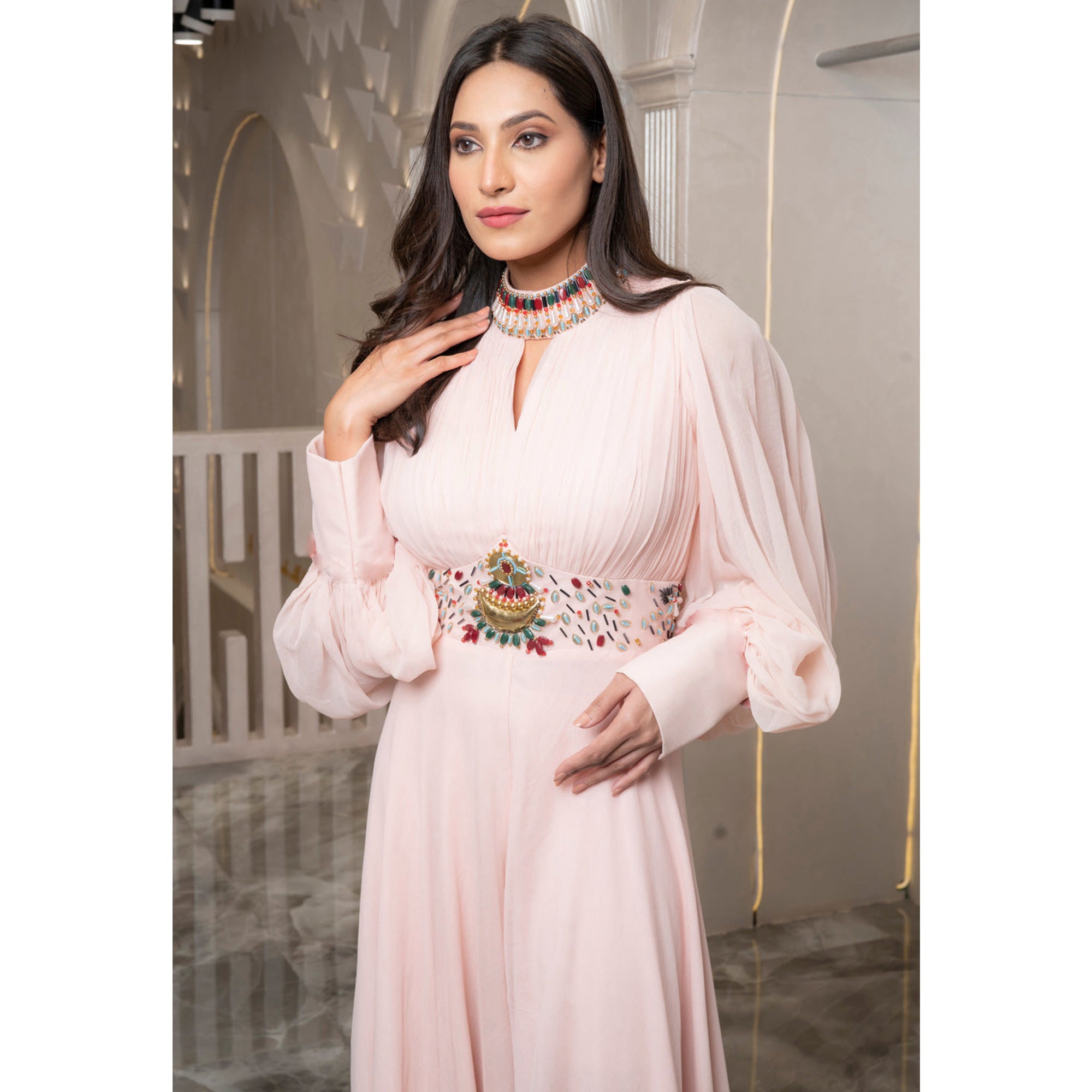 Baby Pink Zardozi Work Georgette Jumpsuit