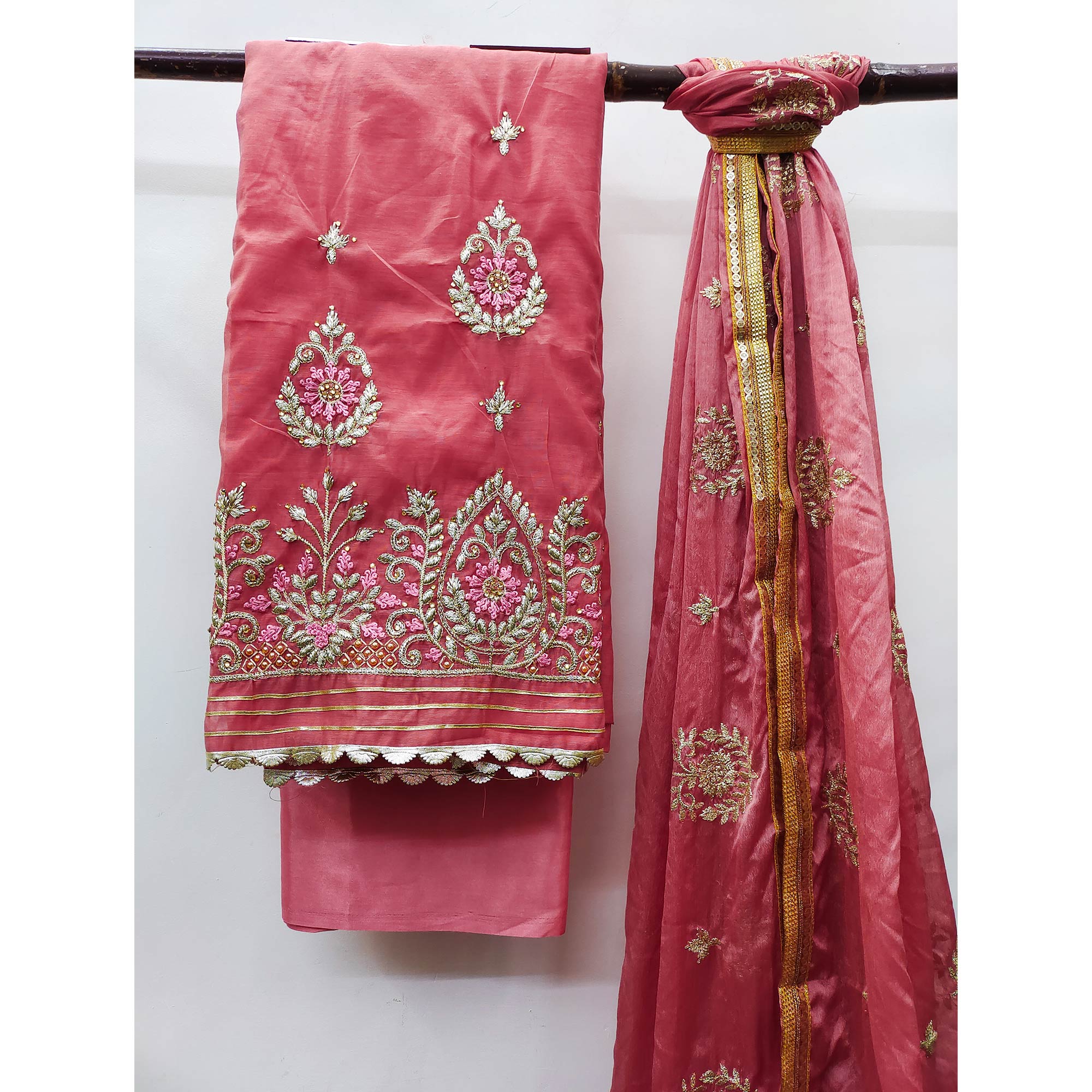 Pink Floral Embroidered Modal Dress Material