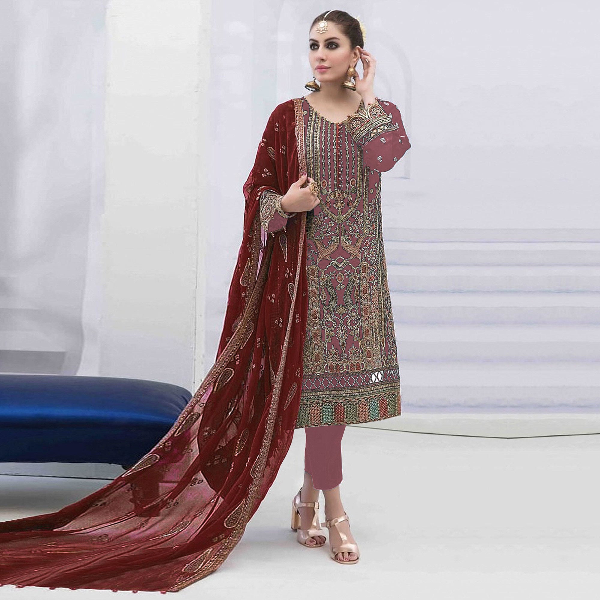 Mauve Embroidered Georgette Semi Stitched Pakistani Suit