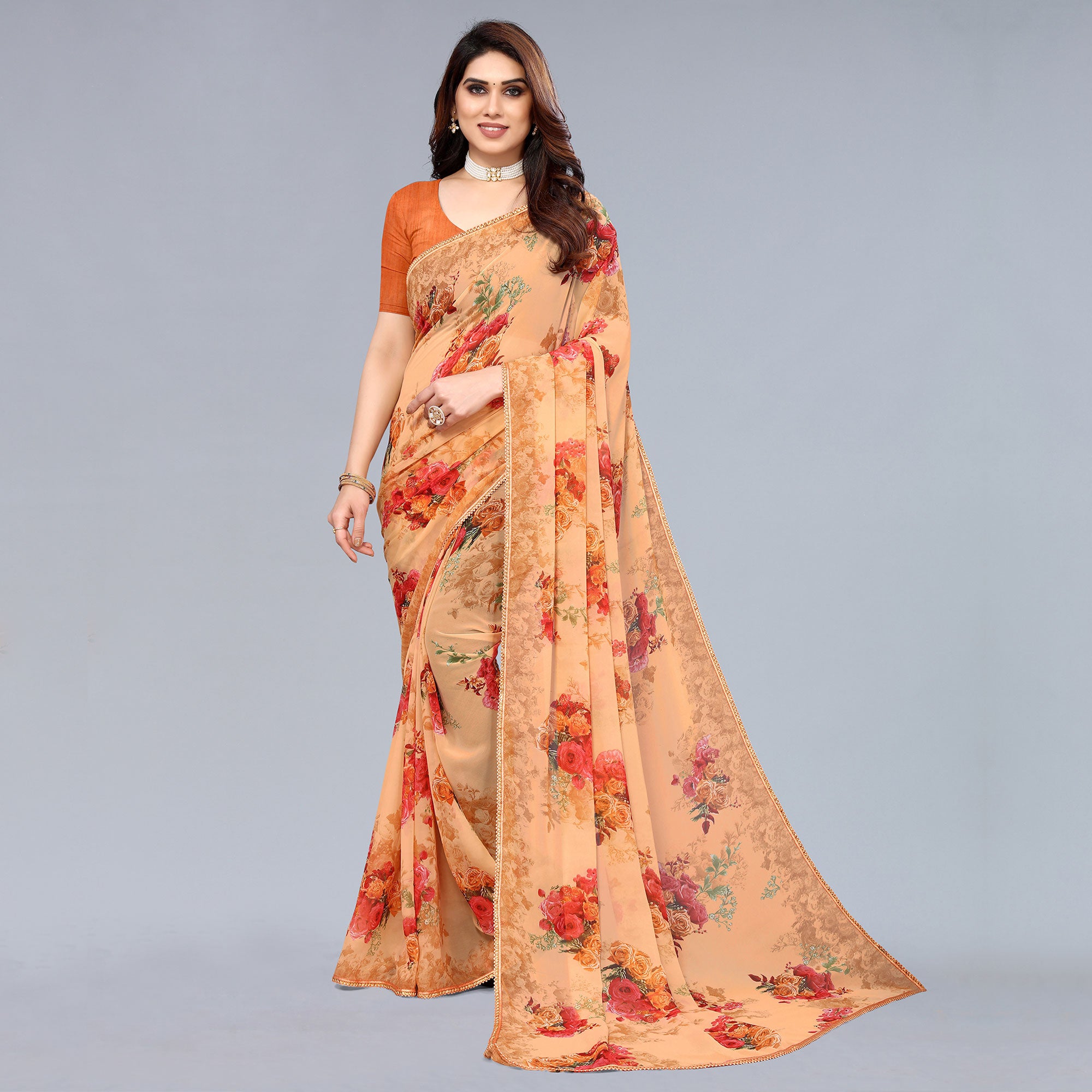 Orange Floral Printed Georgette Saree