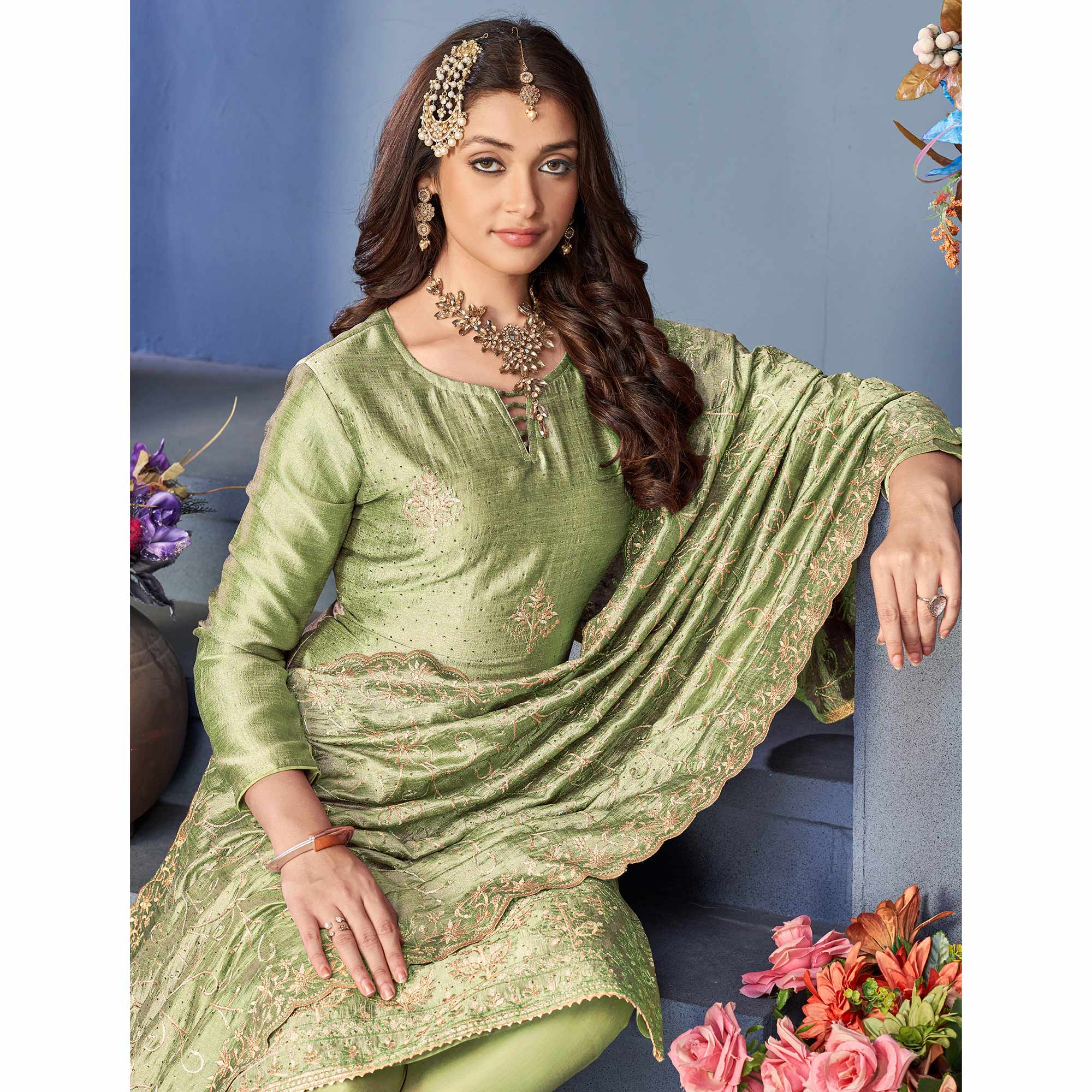 Pista Green Sequins Embroidered Vichitra Silk Suit