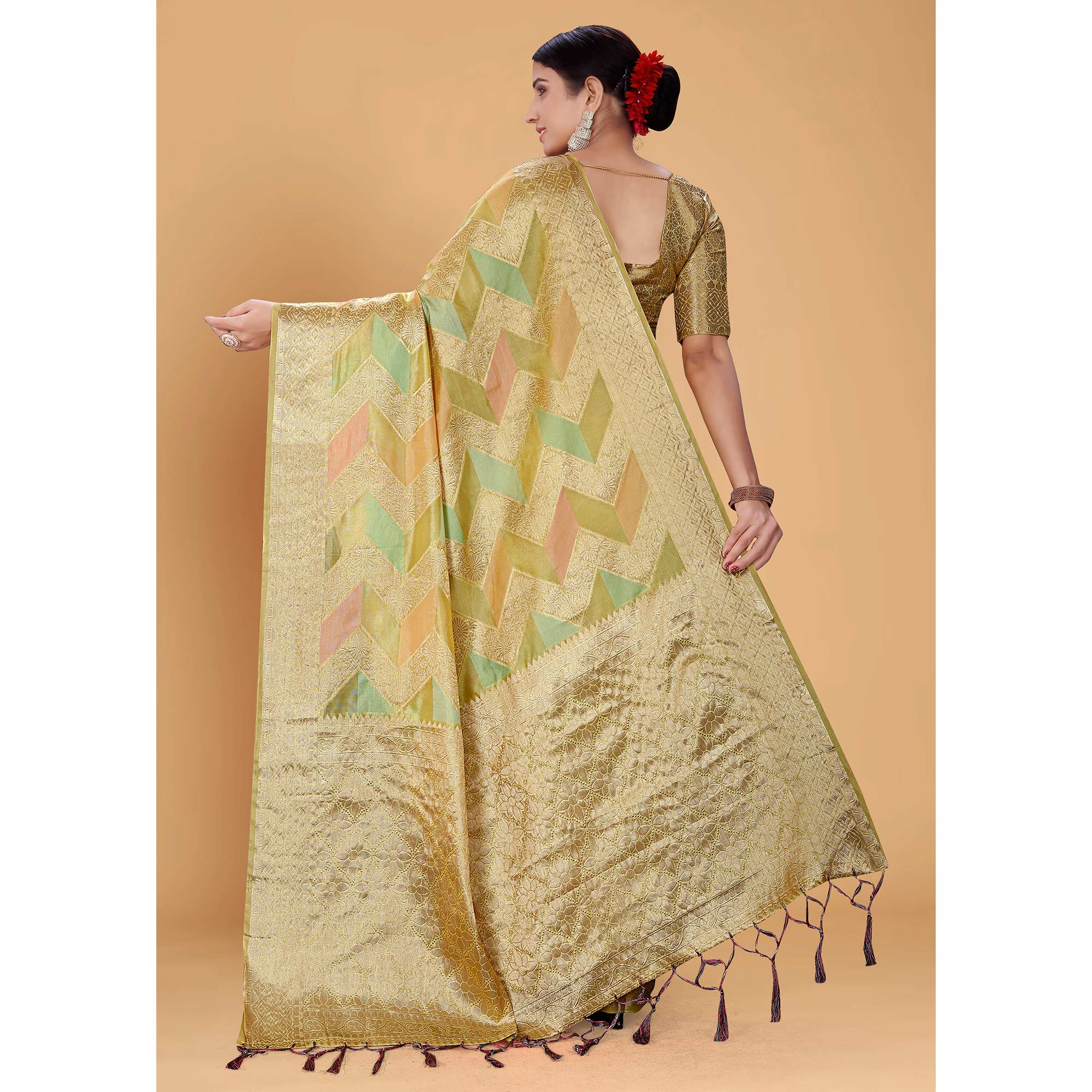 Green Woven Organza Saree With Tassels