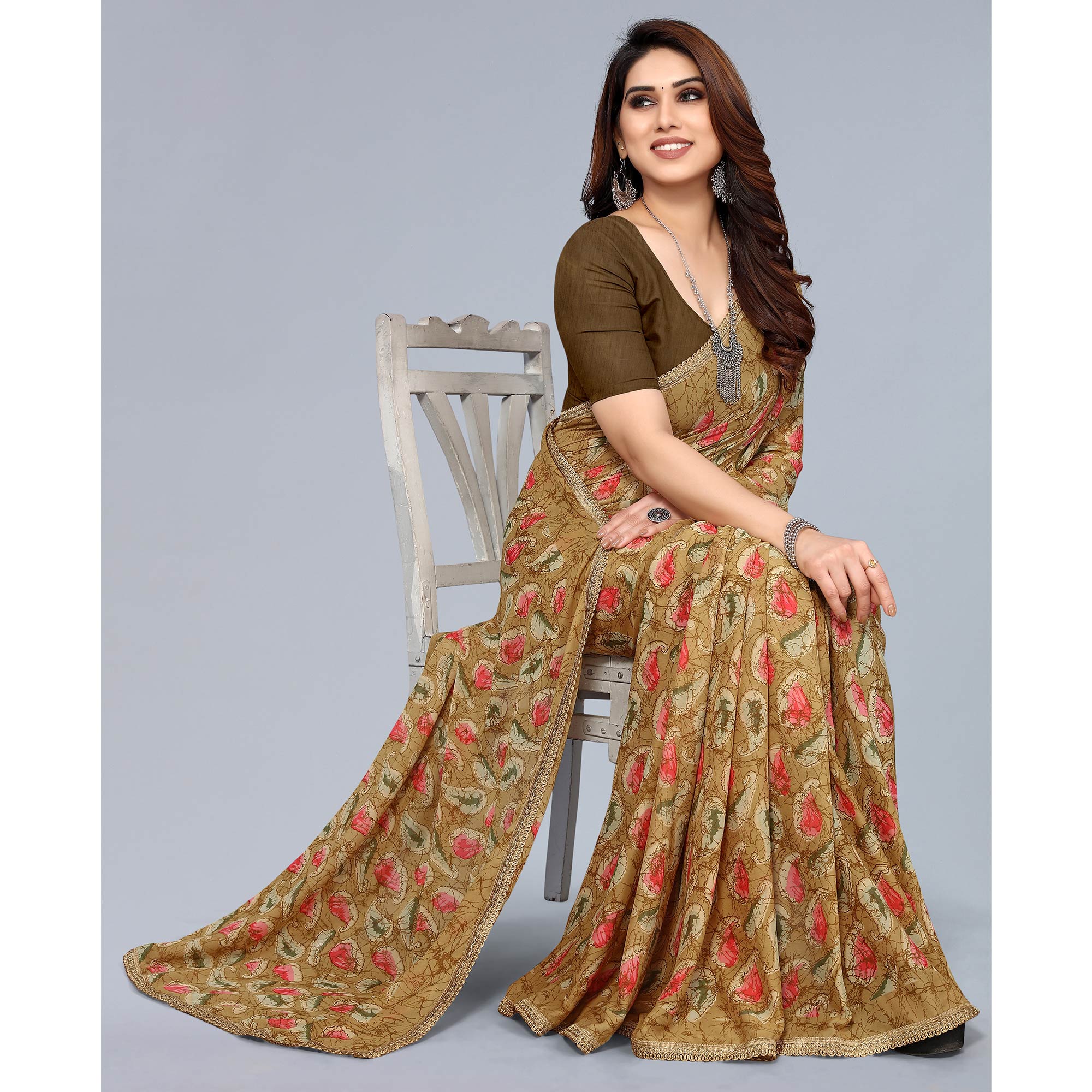 Beige Printed Georgette Saree With Crochet Border