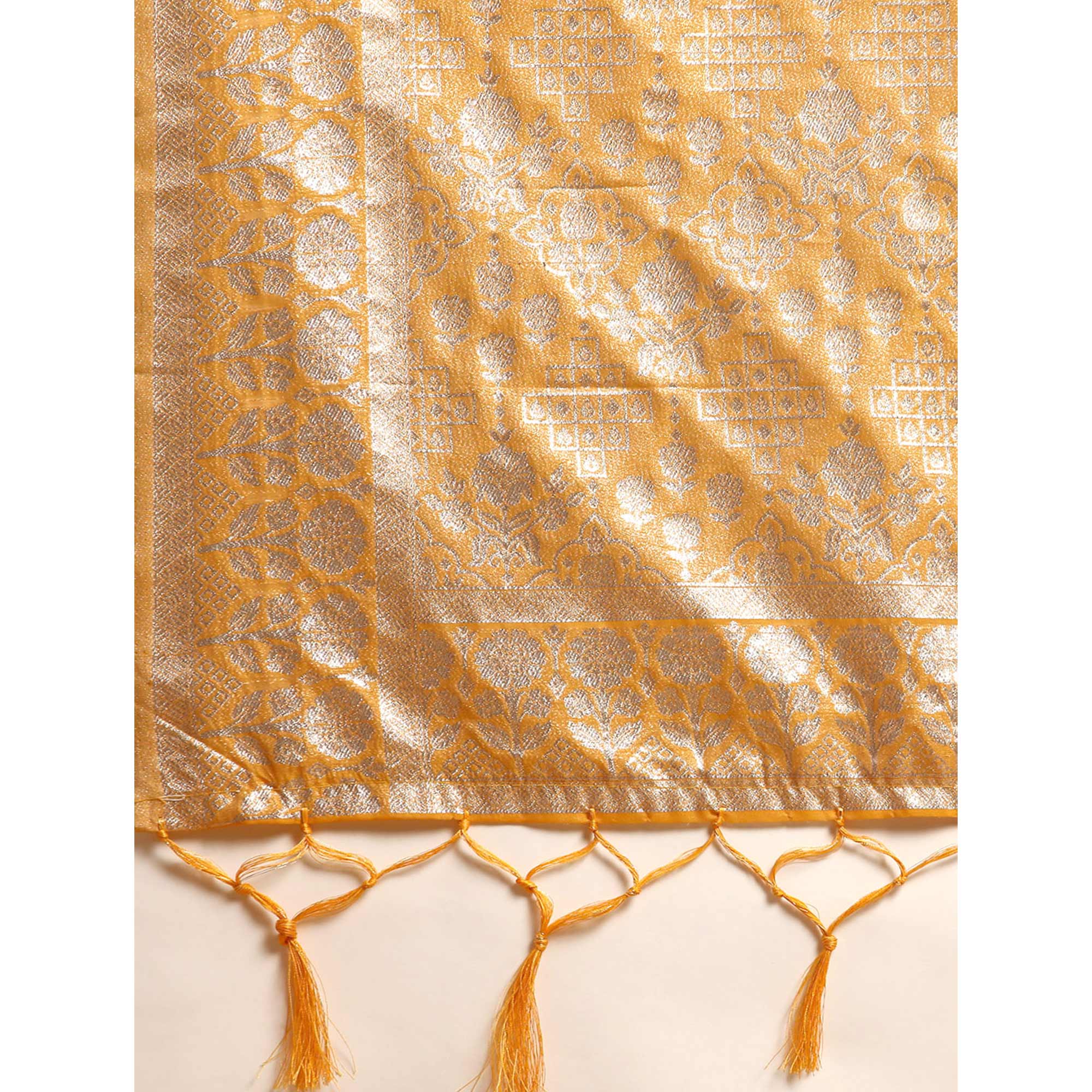 Yellow Floral Woven Organza Silk Saree With Tassels