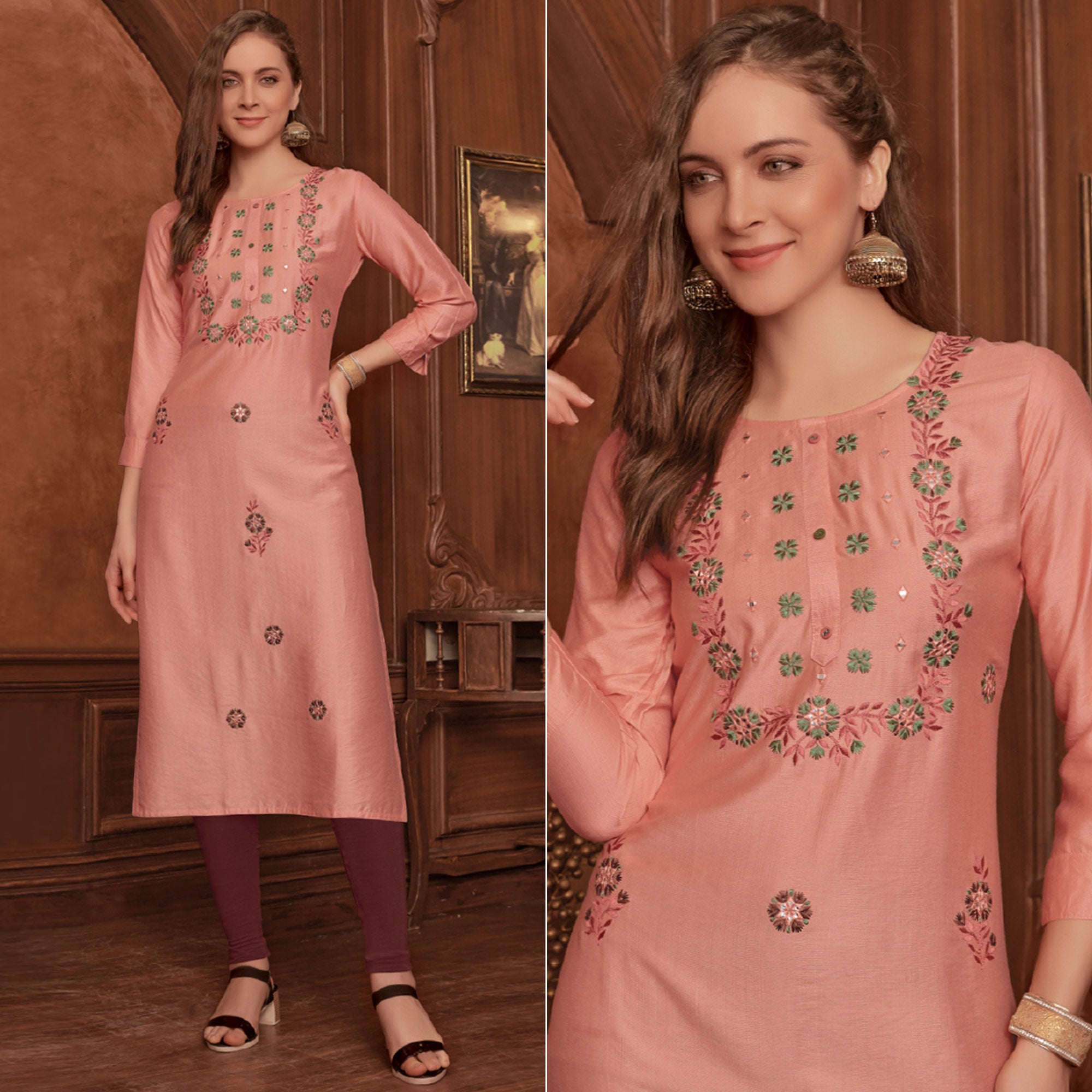 Peach Floral Embroidered Rayon Kurti