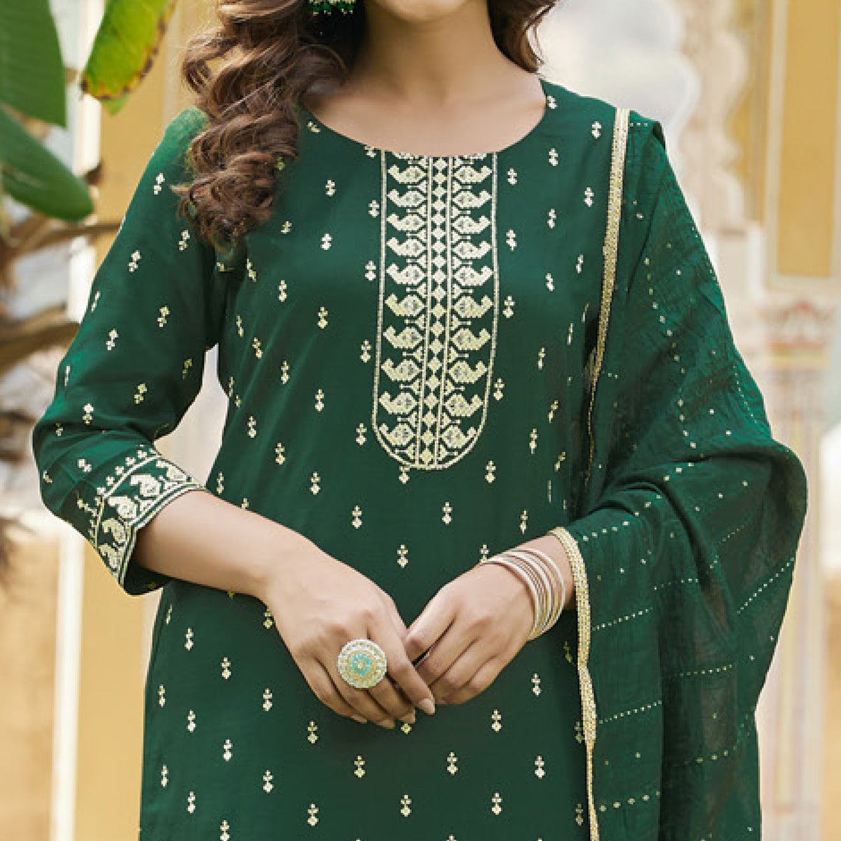 Green Embroidered Cotton Salwar Suit