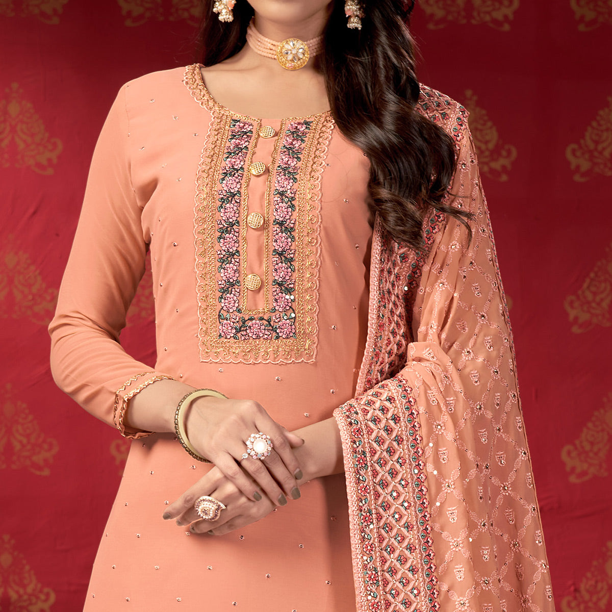 Peach Embroidered Georgette Sharara Suit