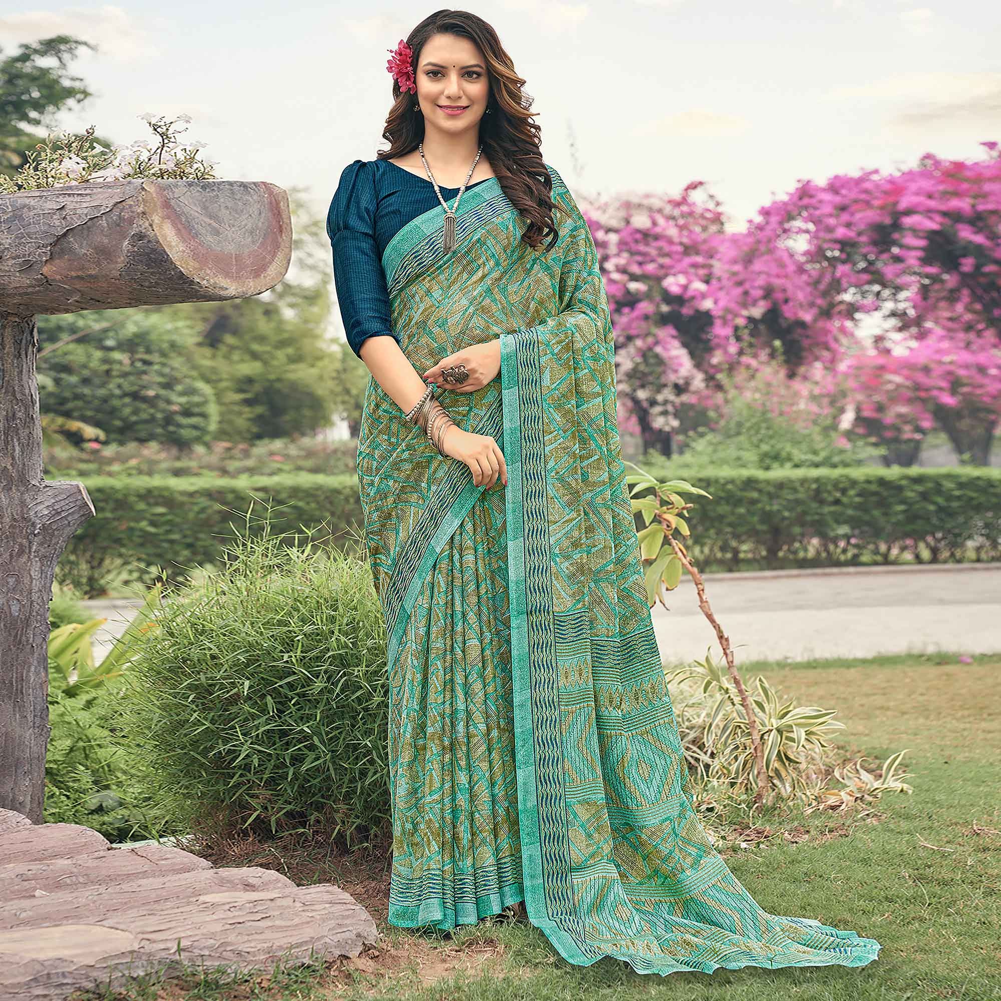 Pista Green Printed Chiffon Saree