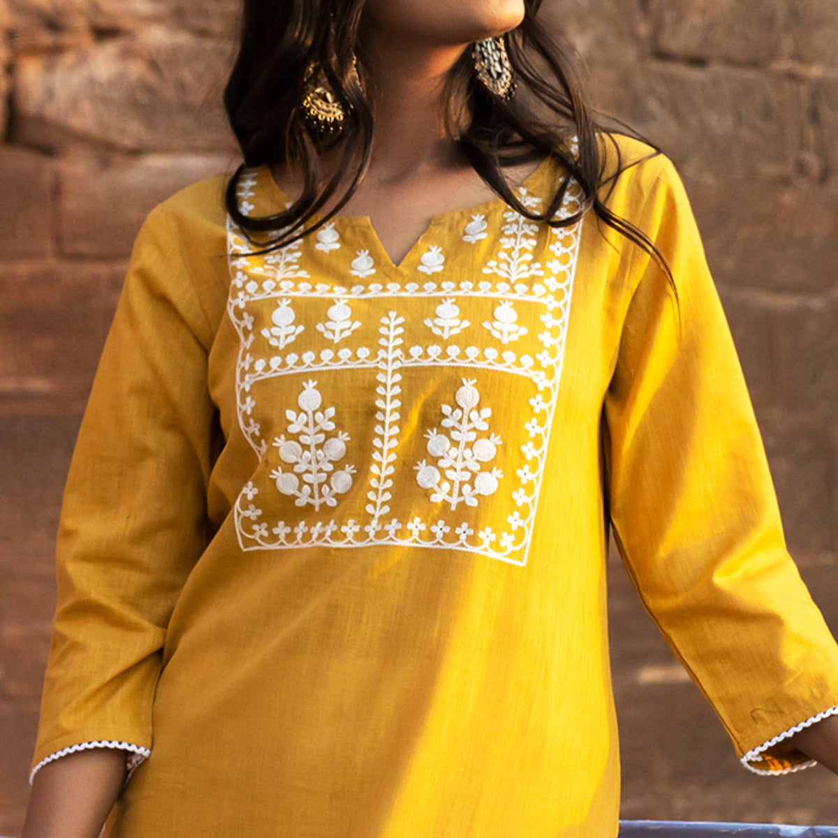 Mustard Embroidered Pure Cotton Kurti