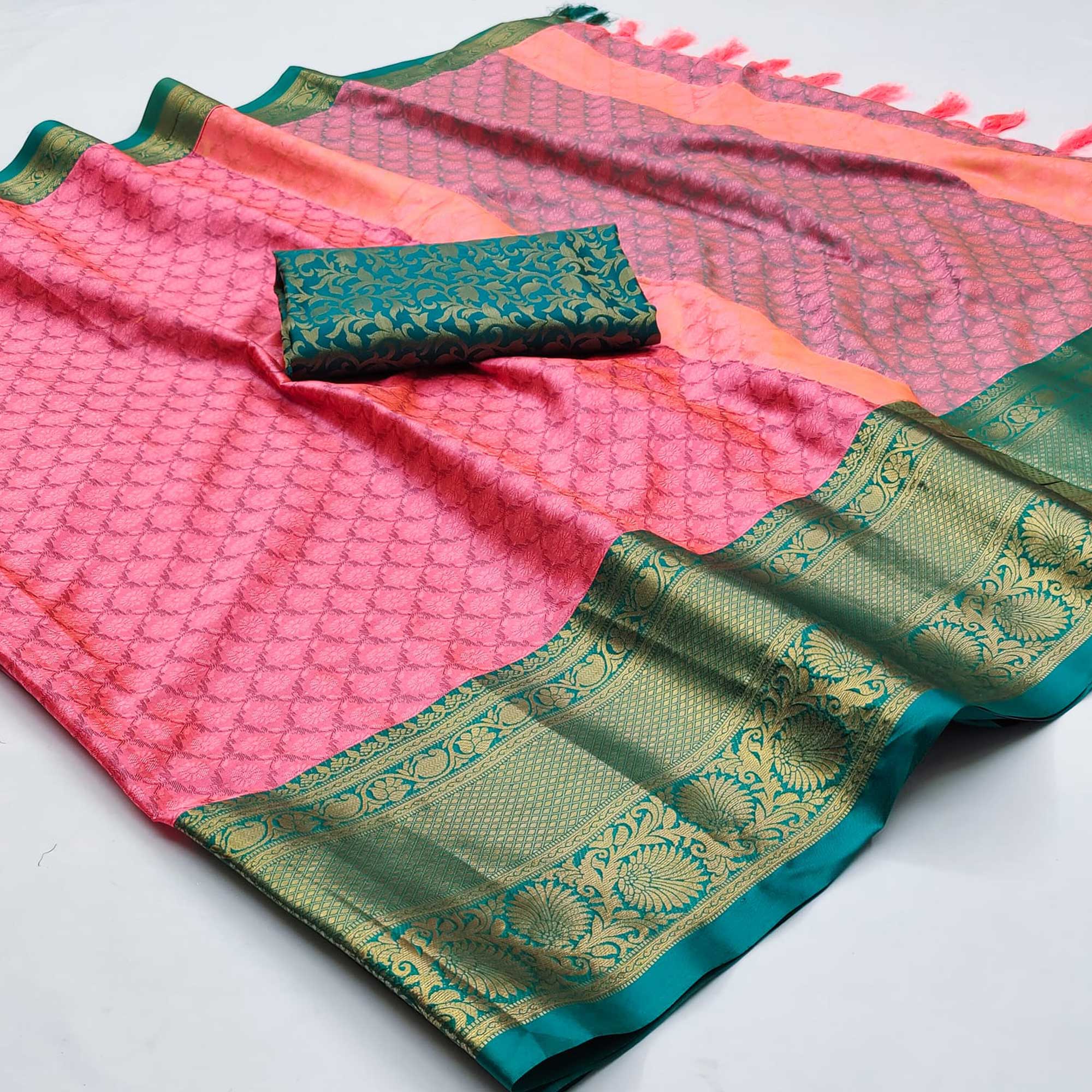 Gajari Pink Printed And Woven Cotton Silk Saree With Tassels