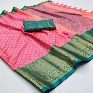 Gajari Pink Printed And Woven Cotton Silk Saree With Tassels