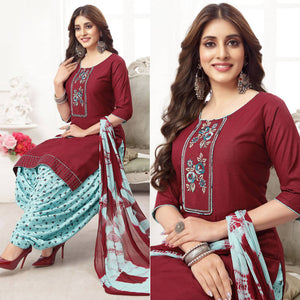Maroon Embroidered Rayon Patiala Suit