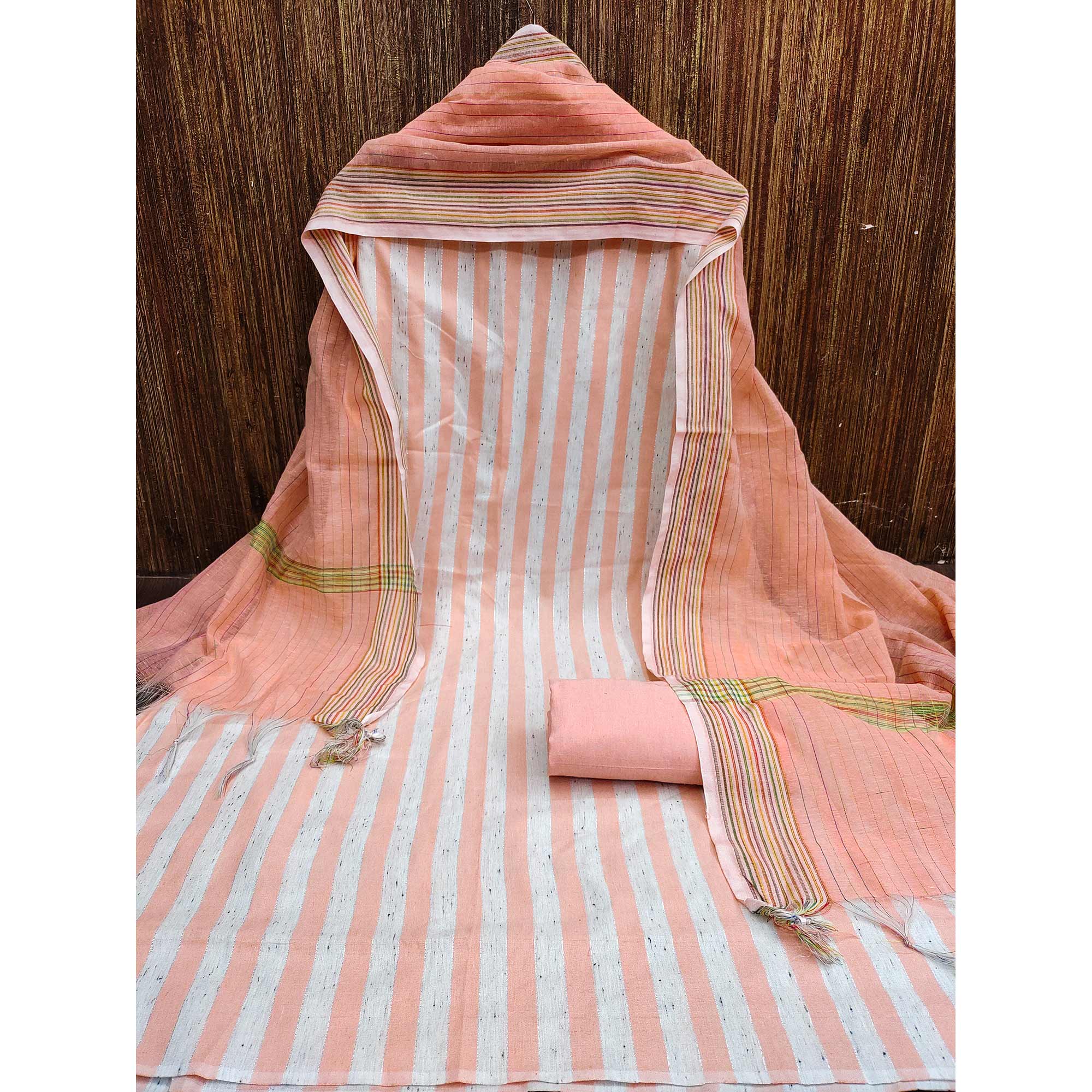 Peach Striped Printed With Woven Cotton Blend Dress Material