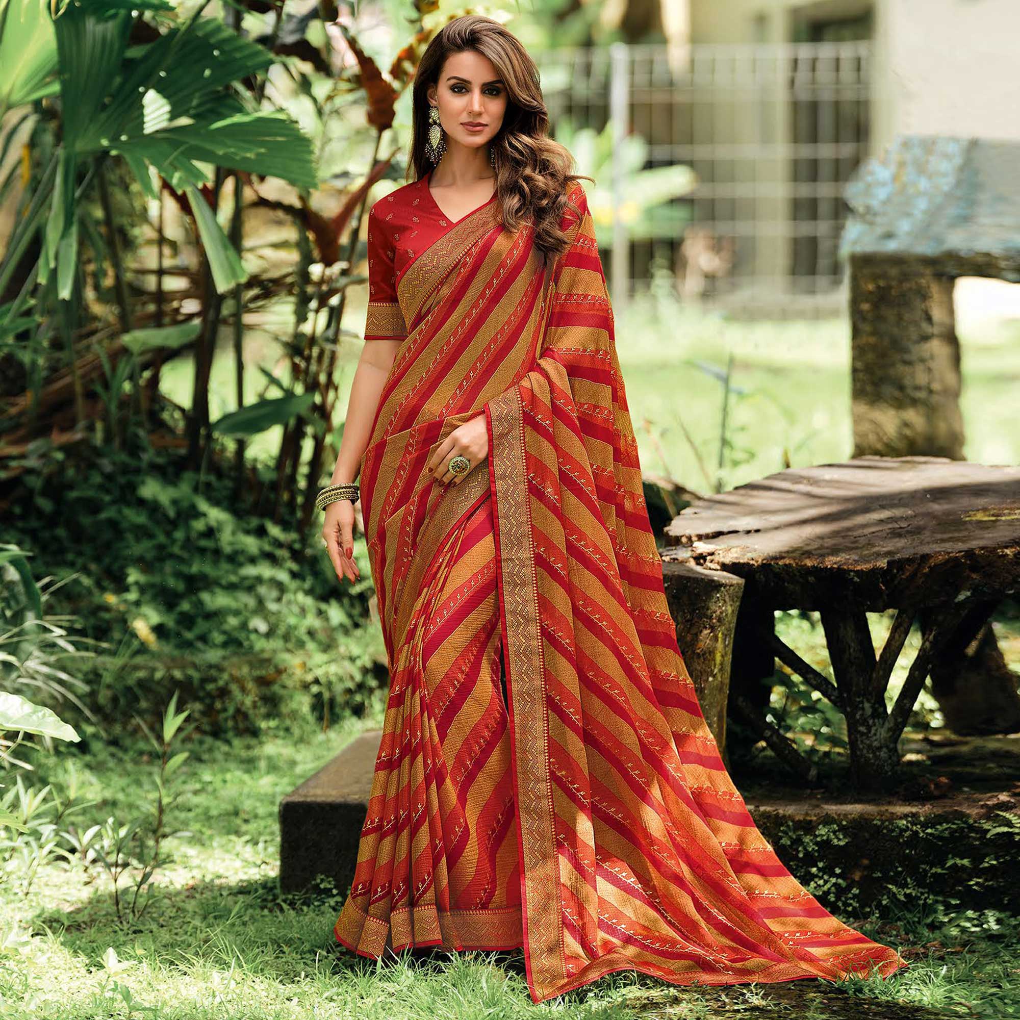 Red & Chikoo Foil Printed Chiffon Saree