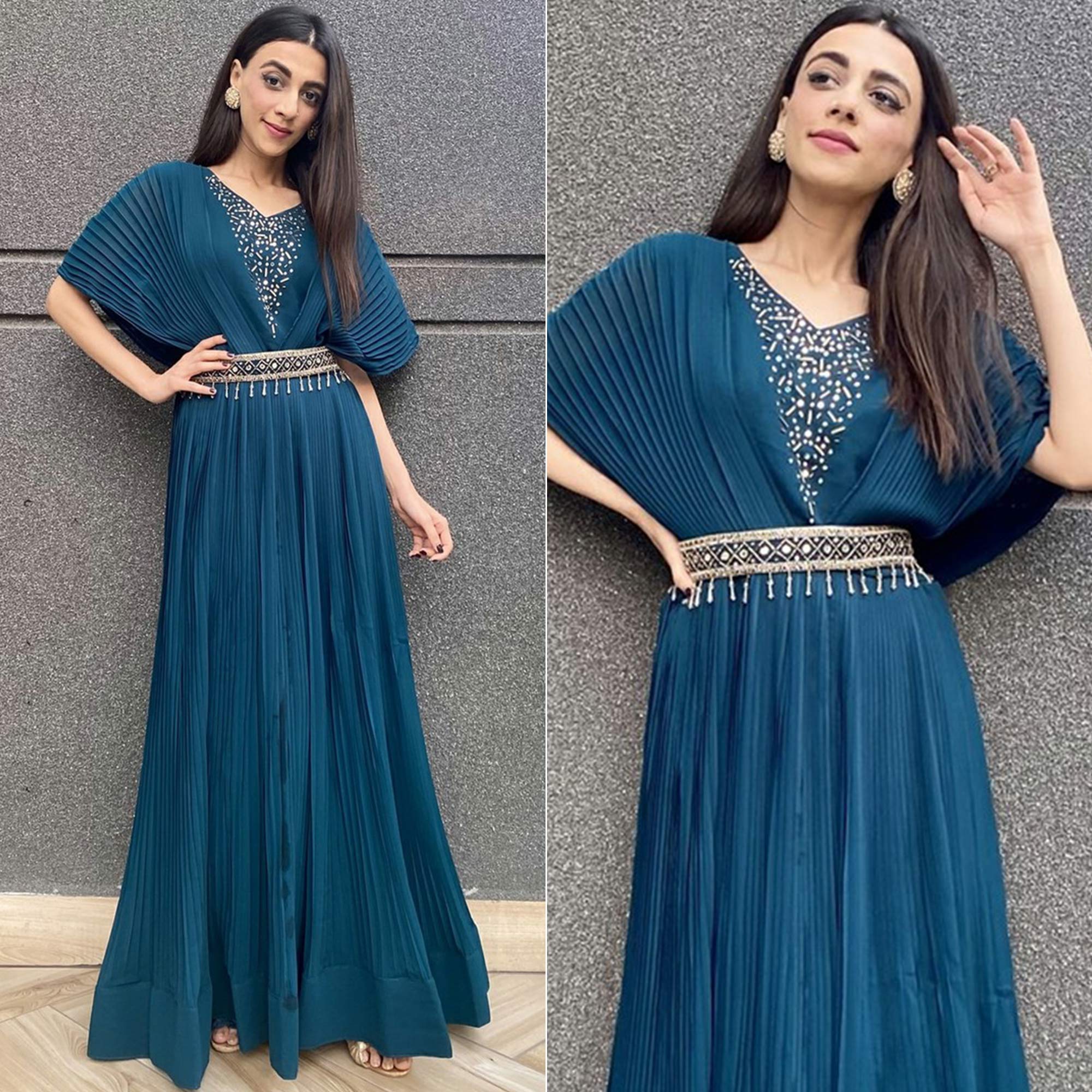 Blue Embellished Georgette Gown With Belt