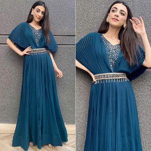 Blue Embellished Georgette Gown With Belt