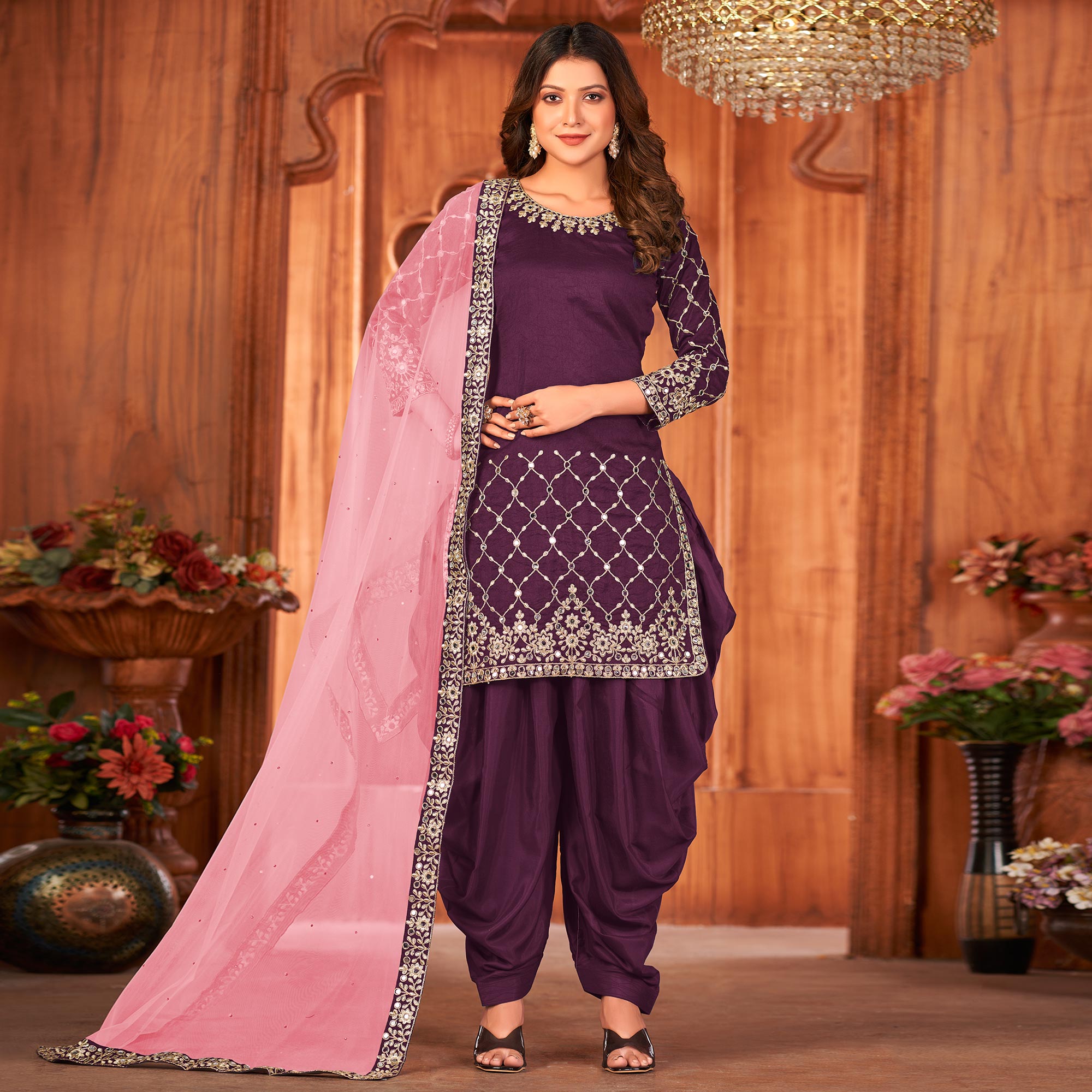 Purple Embroidered Art Silk Patiala Suit