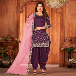 Purple Embroidered Art Silk Patiala Suit
