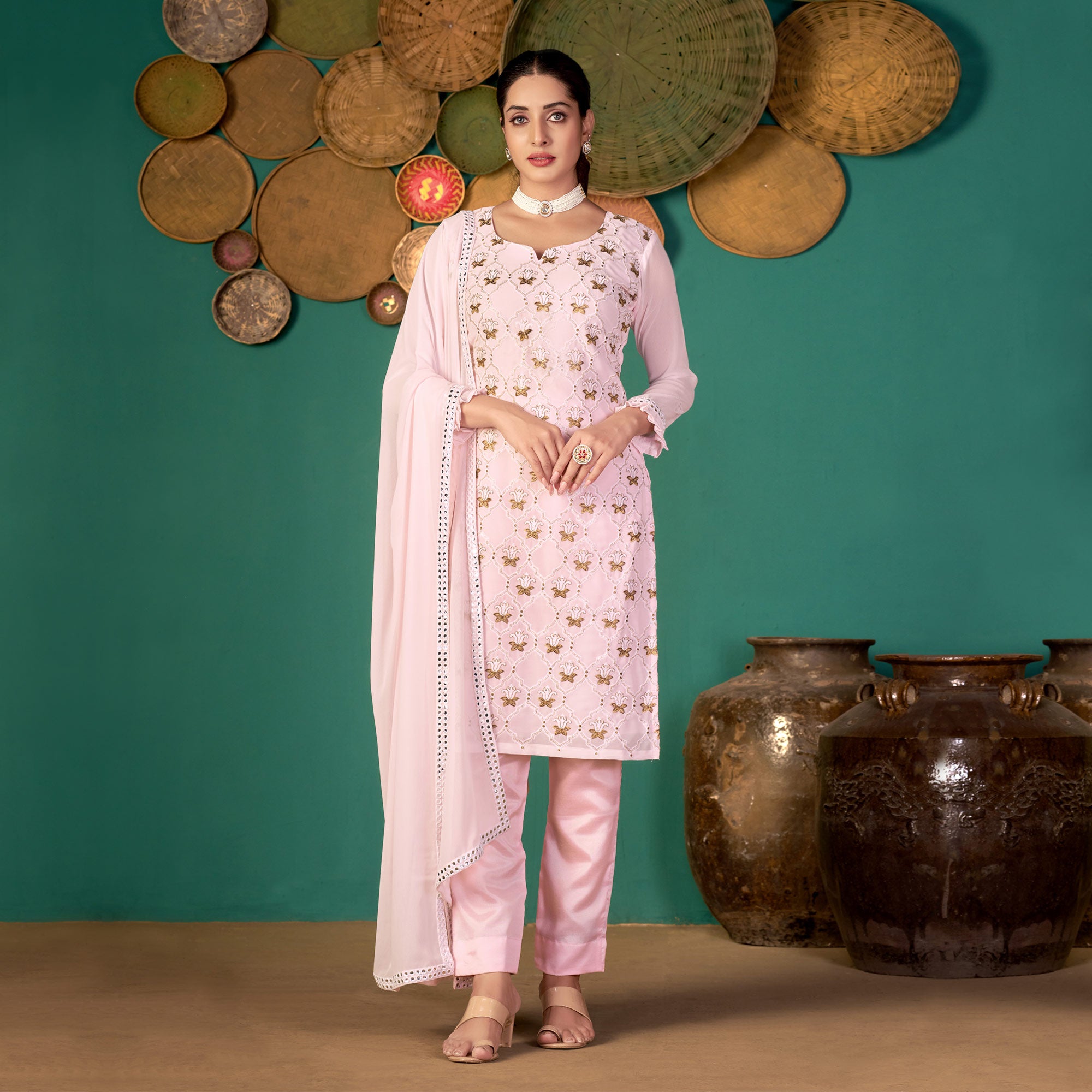 Pink Floral Embroidered Georgette Suit