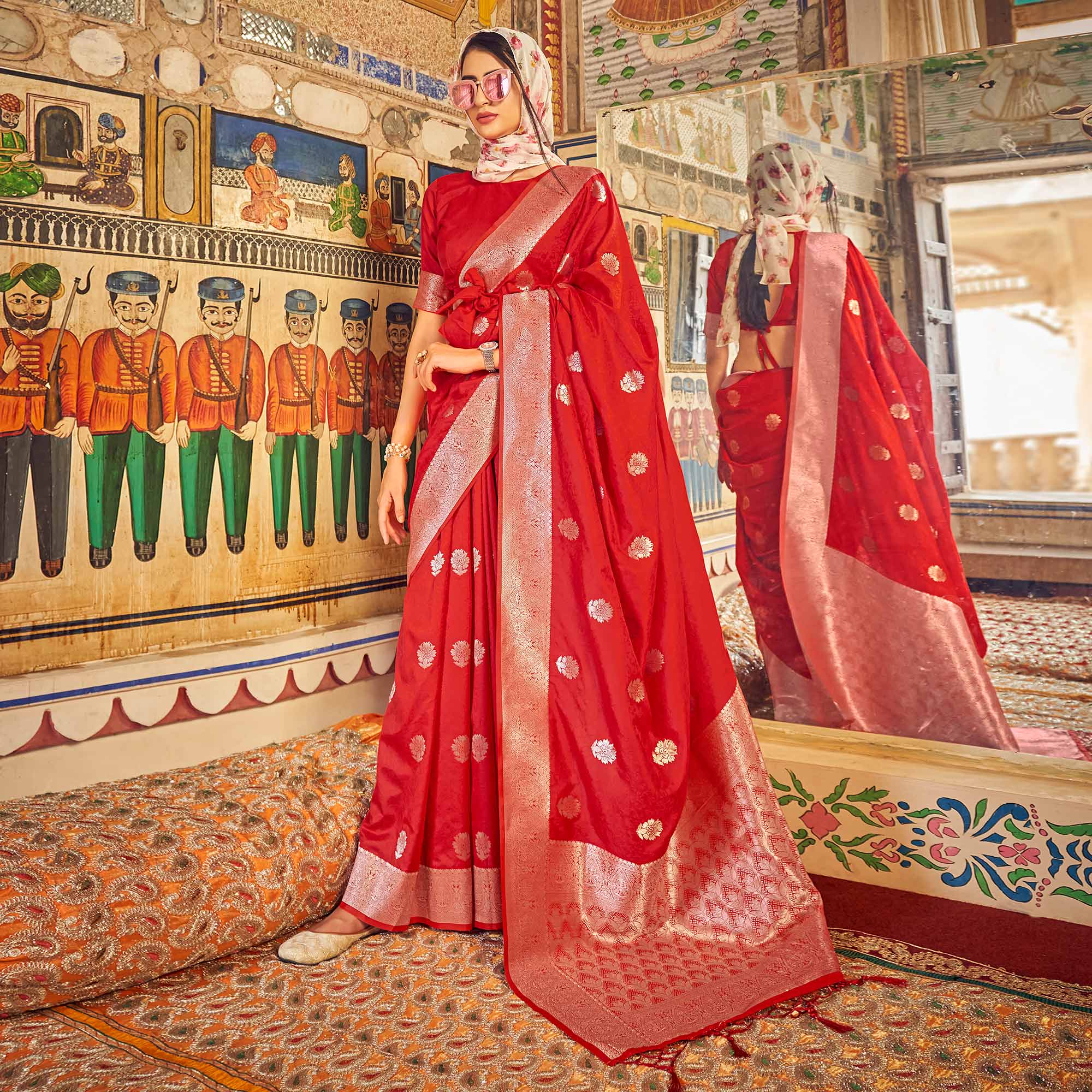 Red Woven Satin Saree