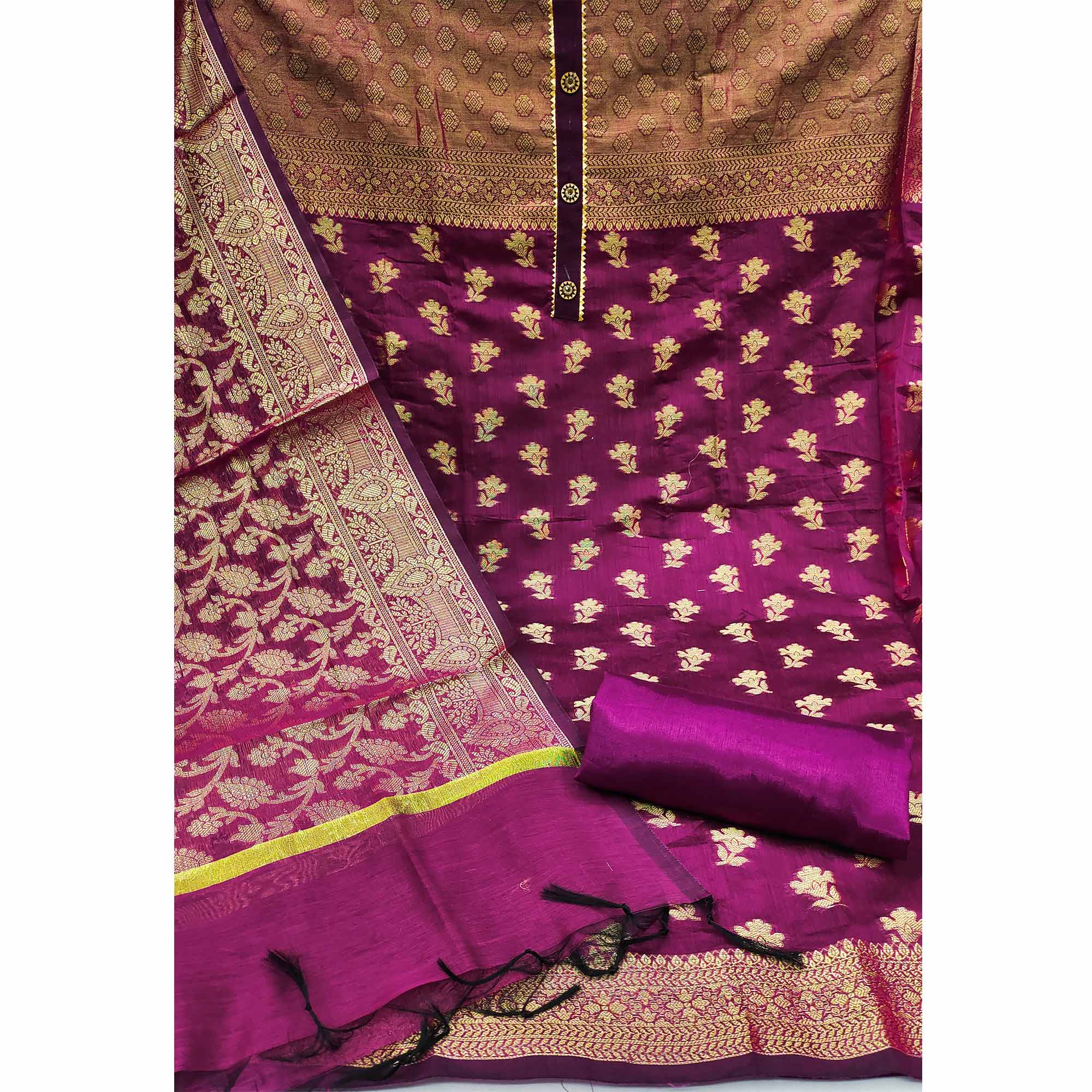 Magenta Pink Floral Woven Banarasi Silk Dress Material