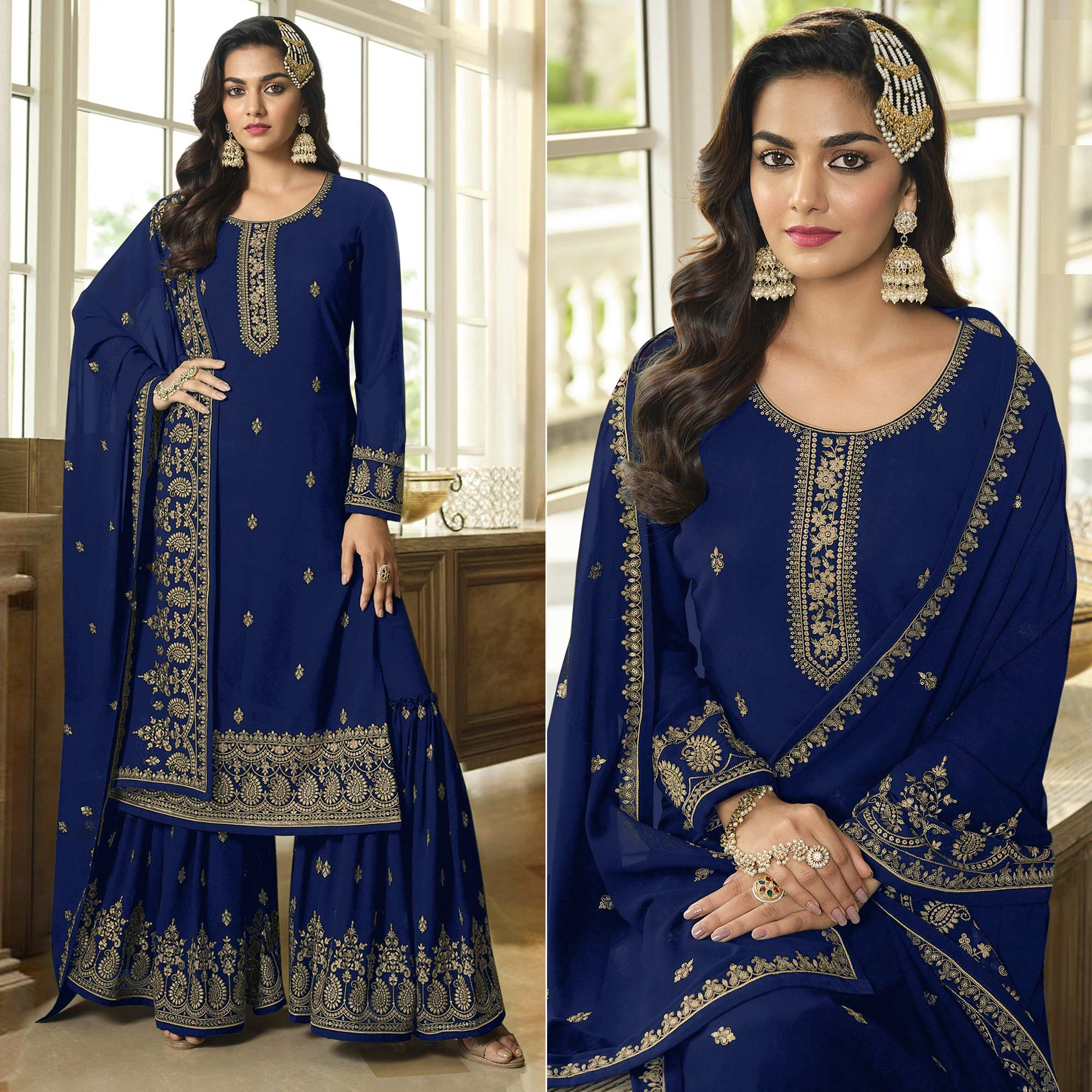 Blue Floral Embroidered Georgette Sharara Suit