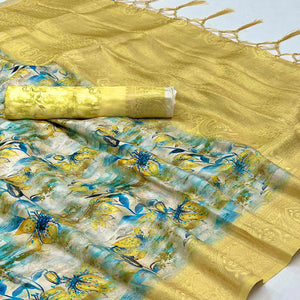 Blue & Cream Floral Digital Printed Jacquard Saree