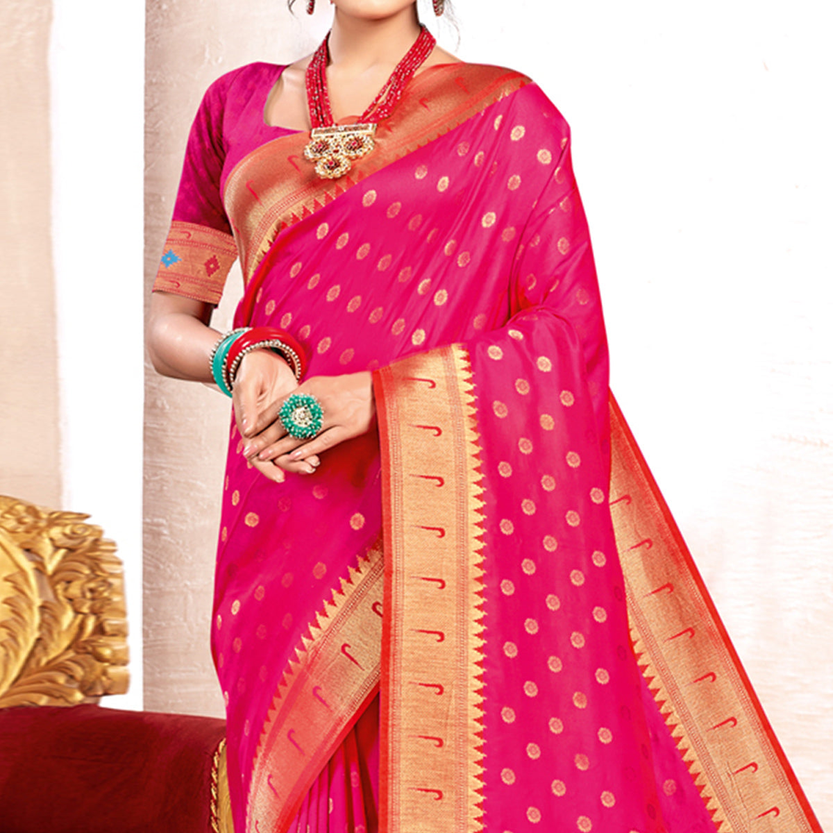 Pink Woven Art Silk Paithani Saree With Tassels