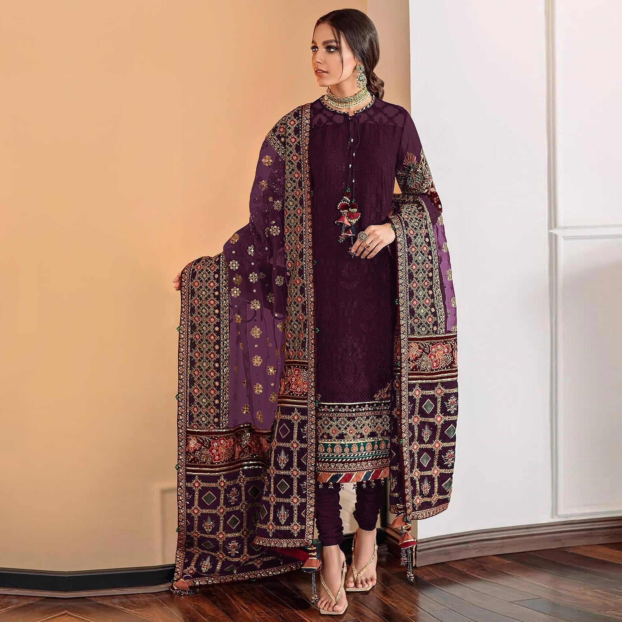 Purple Sequins Embroidered Georgette Pakistani Suit